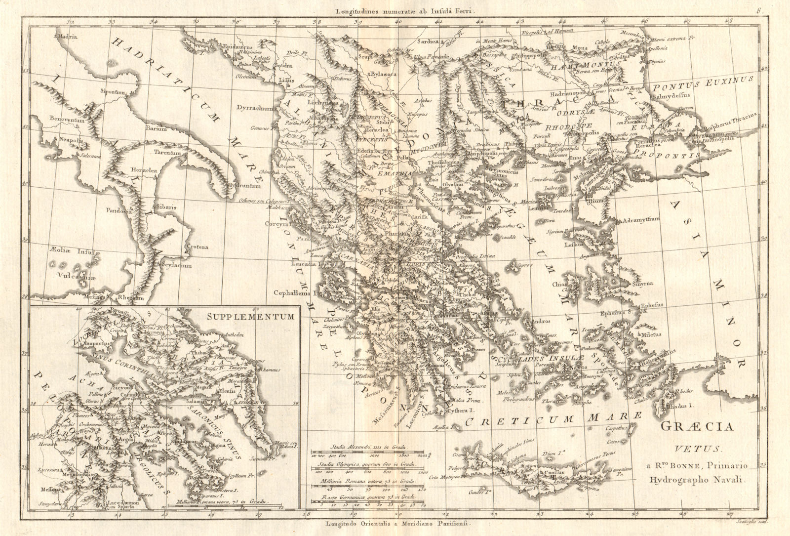 Graecia Vetus. Ancient Greece. Aegean islands. BONNE 1789 old antique map