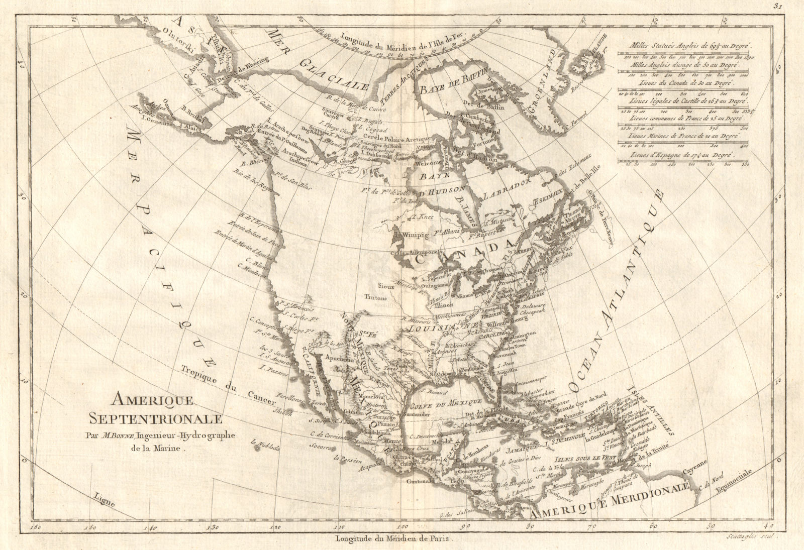 Amerique Septentrionale. Antique map of North America. BONNE 1789 old