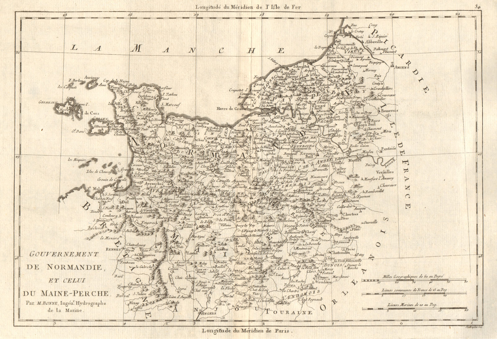 Gouvernement de Normandie et du Maine-Perche. Normandy. BONNE 1789 old map
