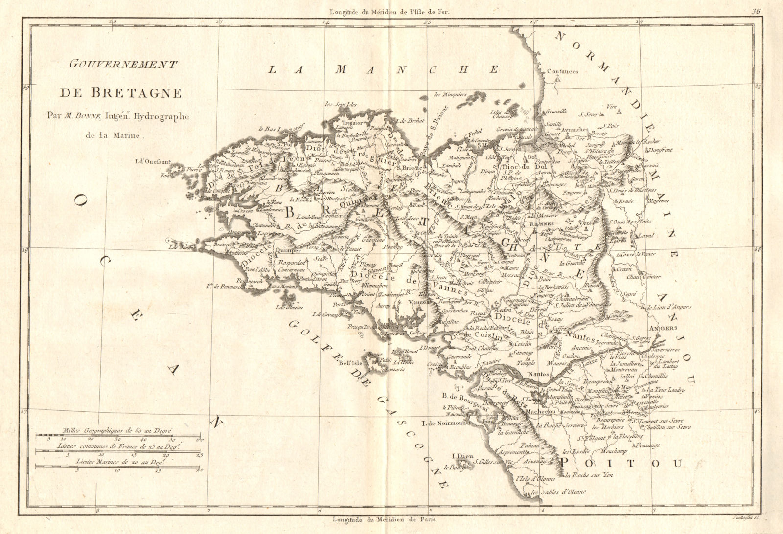 Gouvernement de Bretagne. The Province of Brittany. France. BONNE 1789 old map