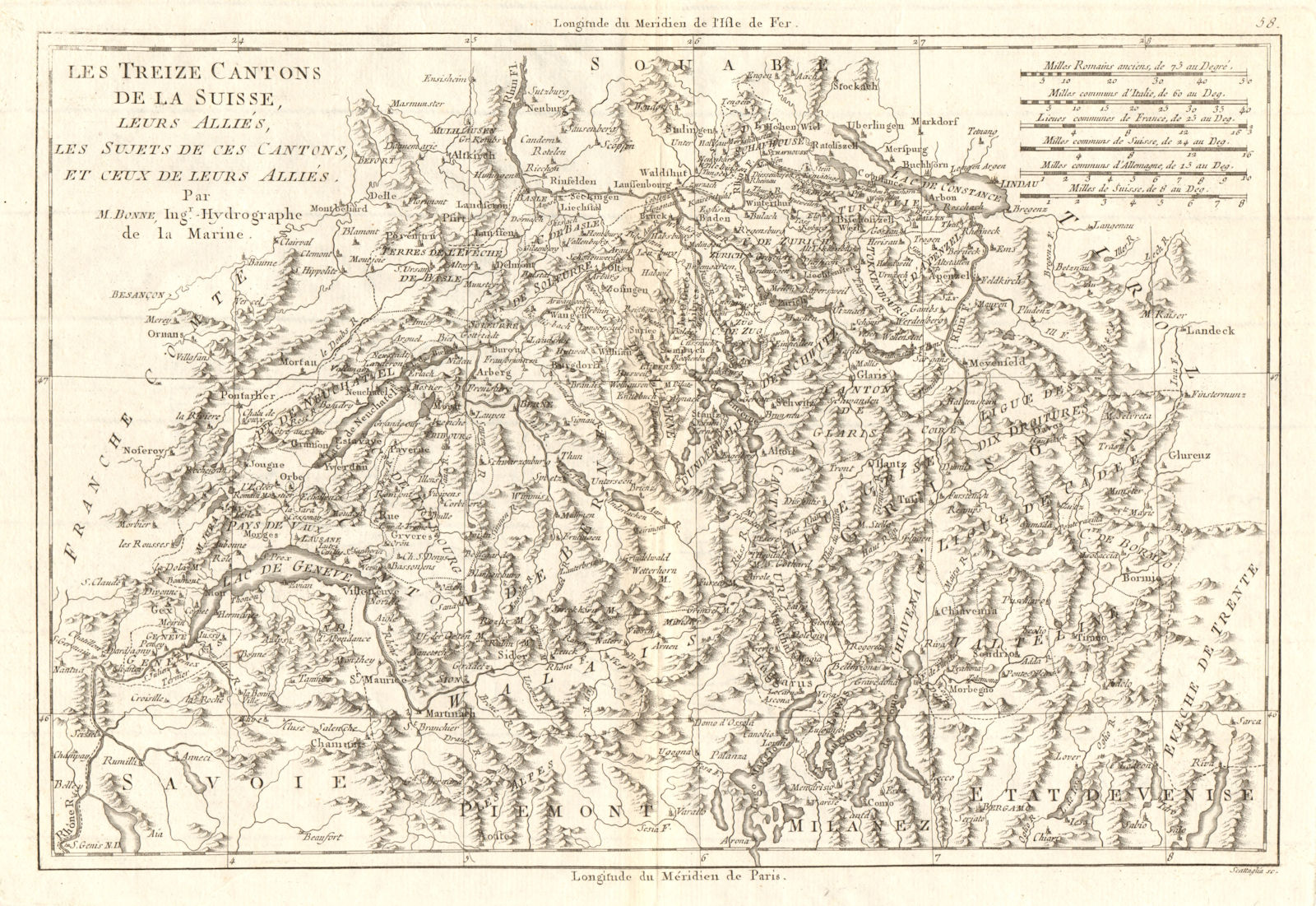 Les treize Cantons de la Suisse. Switzerland Suisse Schweiz. BONNE 1789 map