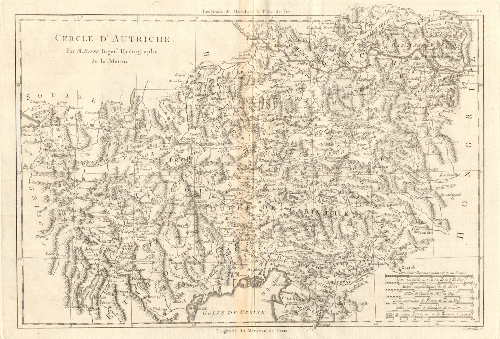 Cercle d’Autriche. Circle of Austria. BONNE 1789 old antique map plan chart