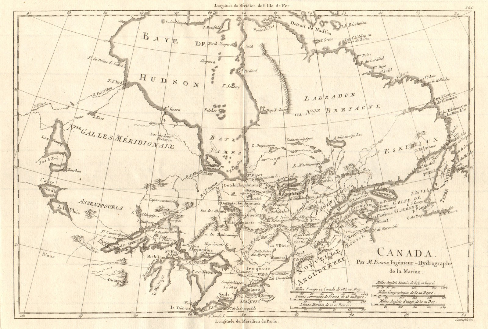 Canada. Great Lakes, Hudson Bay. Ontario & Quebec. BONNE 1790 old antique map
