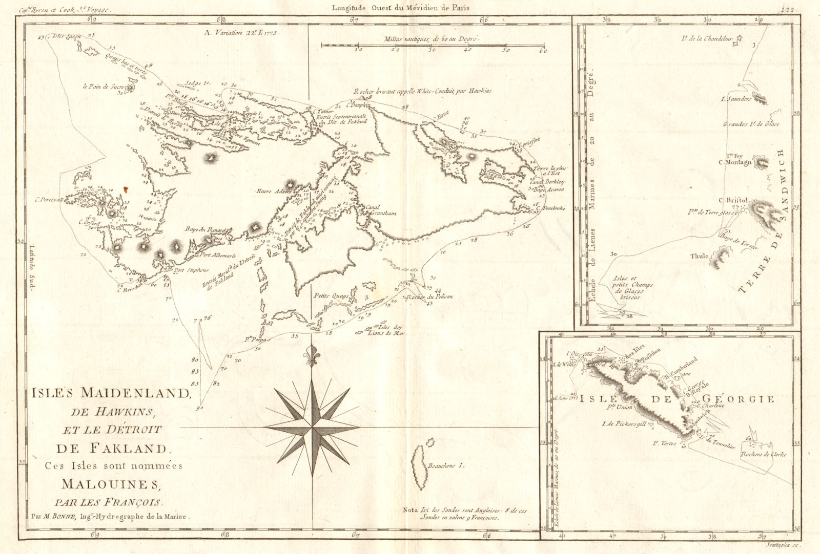 Isles Maidenland & Hawkins. Falkland Islands & South Georgia. BONNE 1790 map
