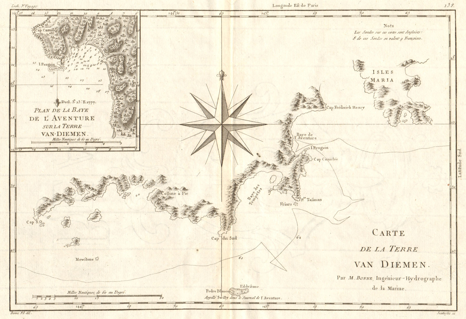 Carte de la Terre Van Diemen. Tasmania. Adventure Bay. Australia. BONNE 1790 map