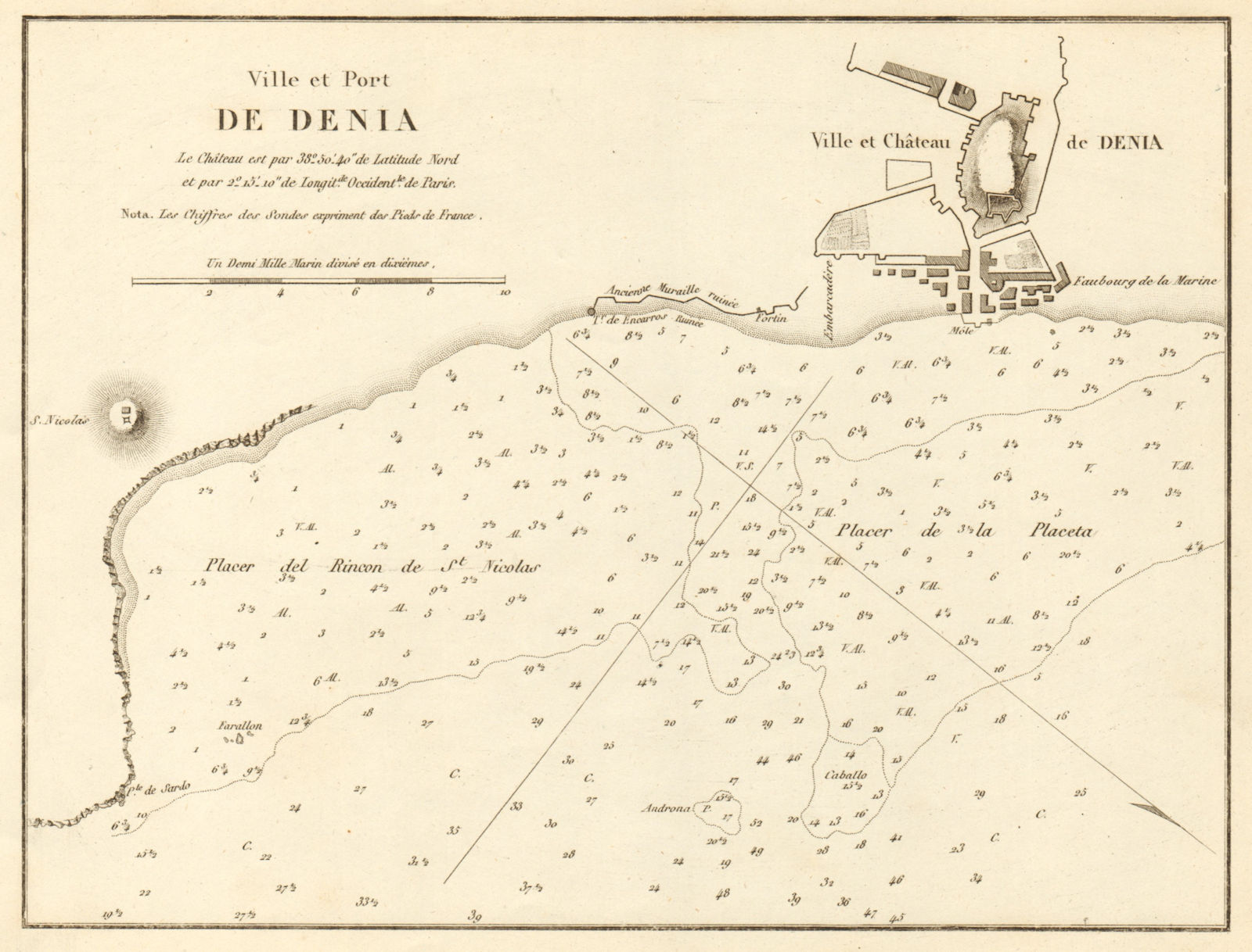Port of Denia. 'Ville et Port de Denia'. Spain. Alicante. GAUTTIER 1851 map