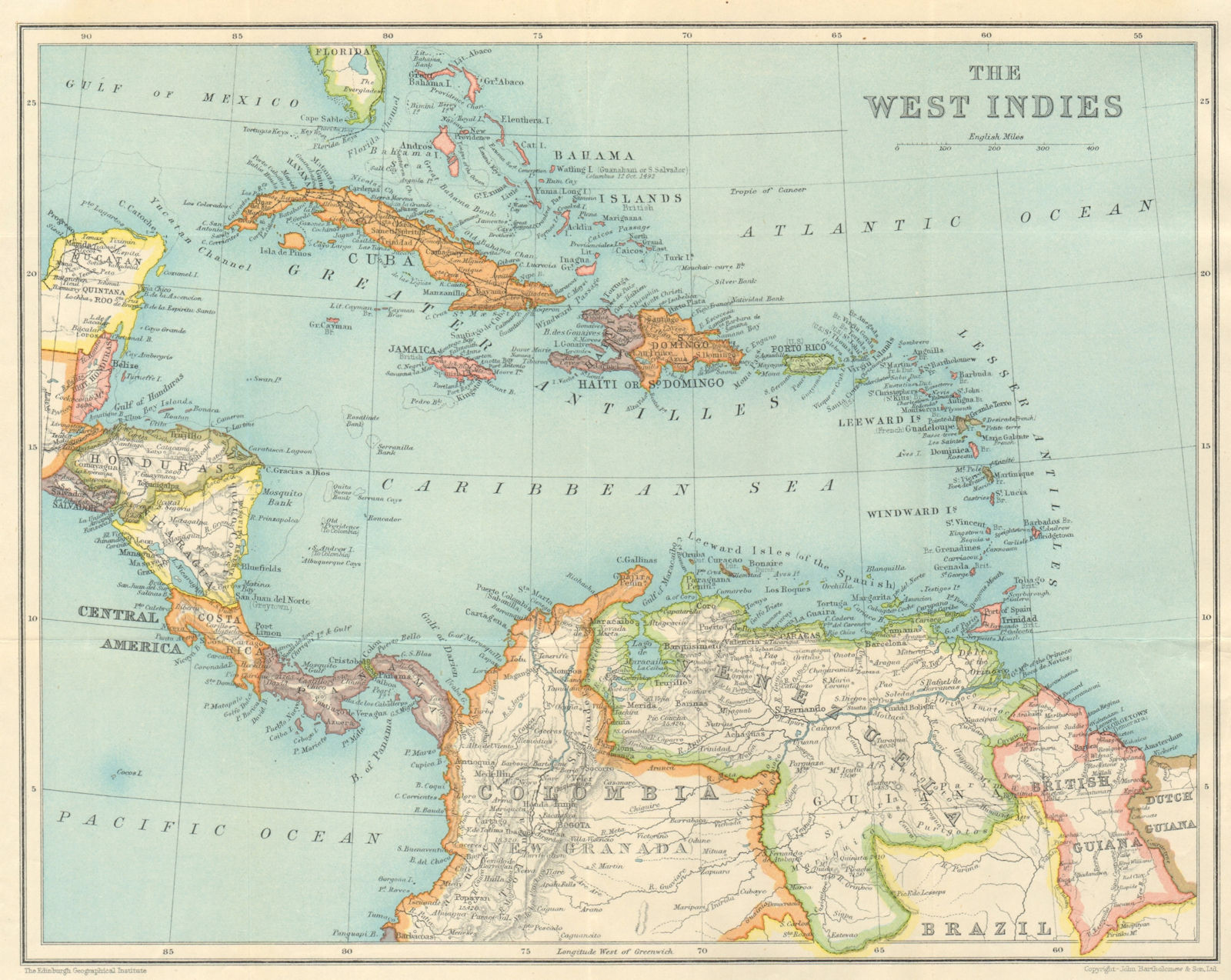 WEST INDIES & CARIBBEAN. Venezuela Central America Cuba Hispaniola &c 1931 map