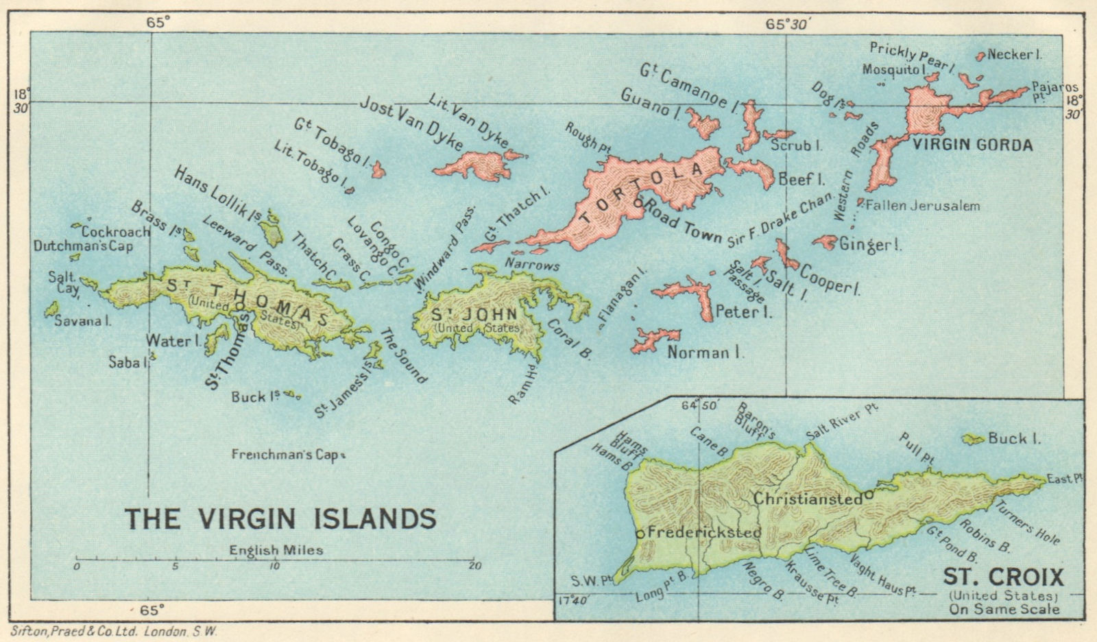 BRITISH/US VIRGIN ISLANDS Tortola Virgin Gorda St Croix St Thomas/John 1931 map