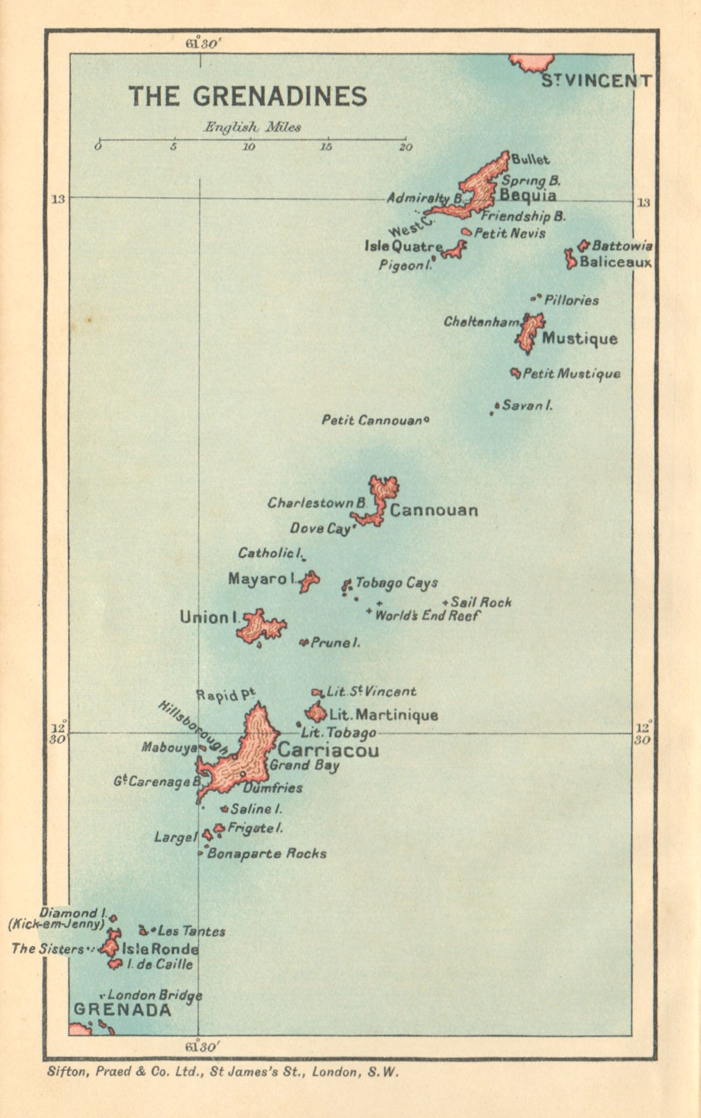 Associate Product THE GRENADINES. Bequia Carriacou Union Mustique Canouan. West Indies 1935 map