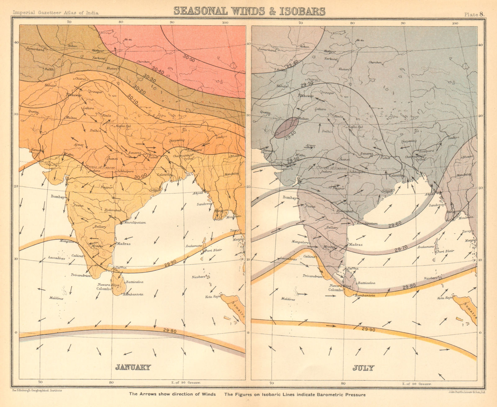 Associate Product SOUTH ASIA. British India. Seasonal Winds and Isobars - January & July 1931 map