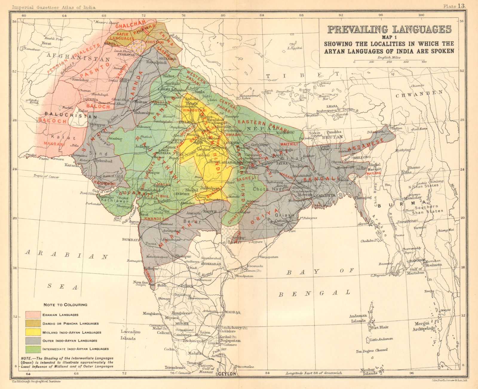 INDIA South Asia Aryan languages. Eranian Pisacha Indo-Aryan Dardio 1931 map
