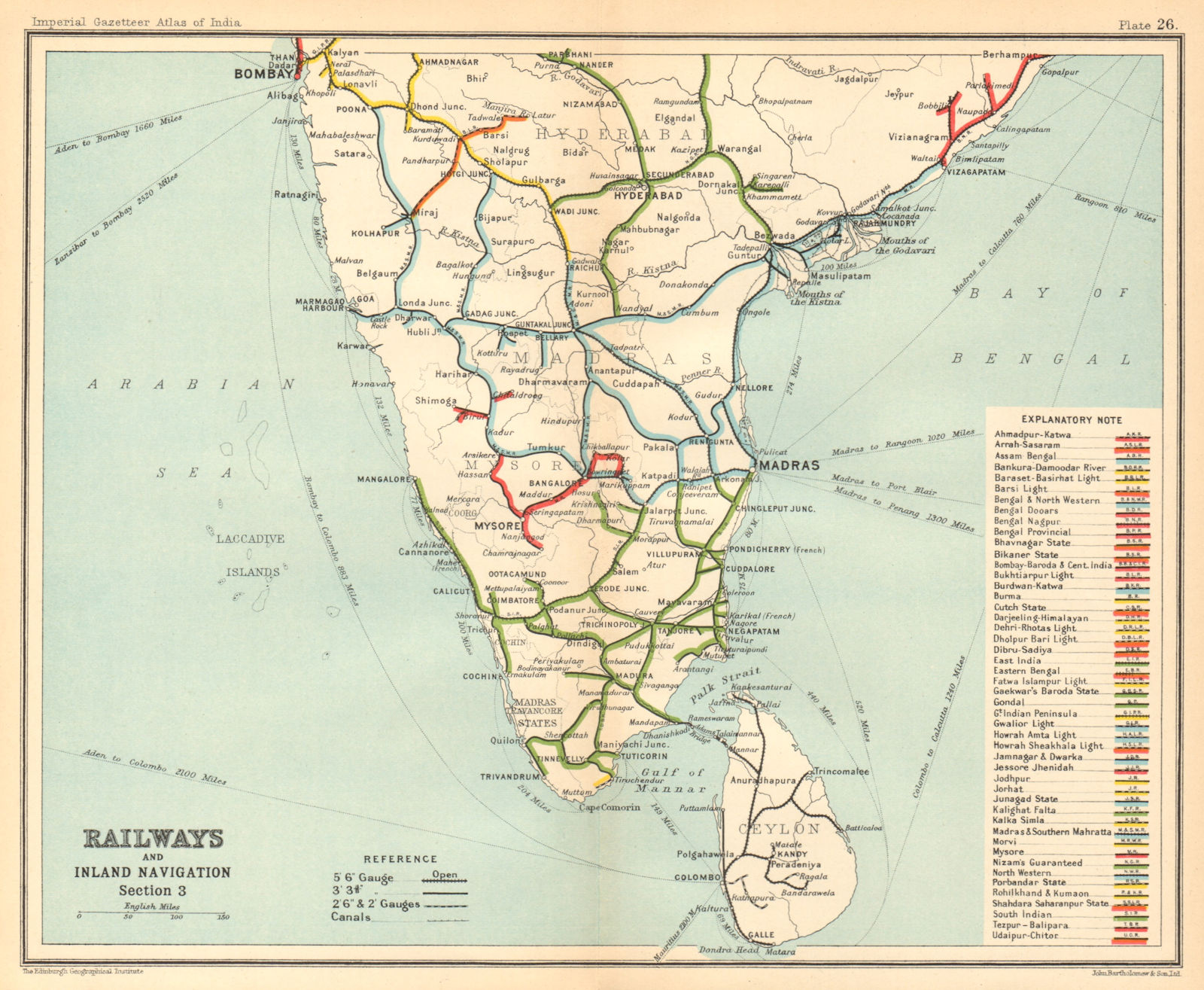 BRITISH INDIA RAILWAYS South. Tamil Nadu Karnataka Kerala Maharashtra 1931 map