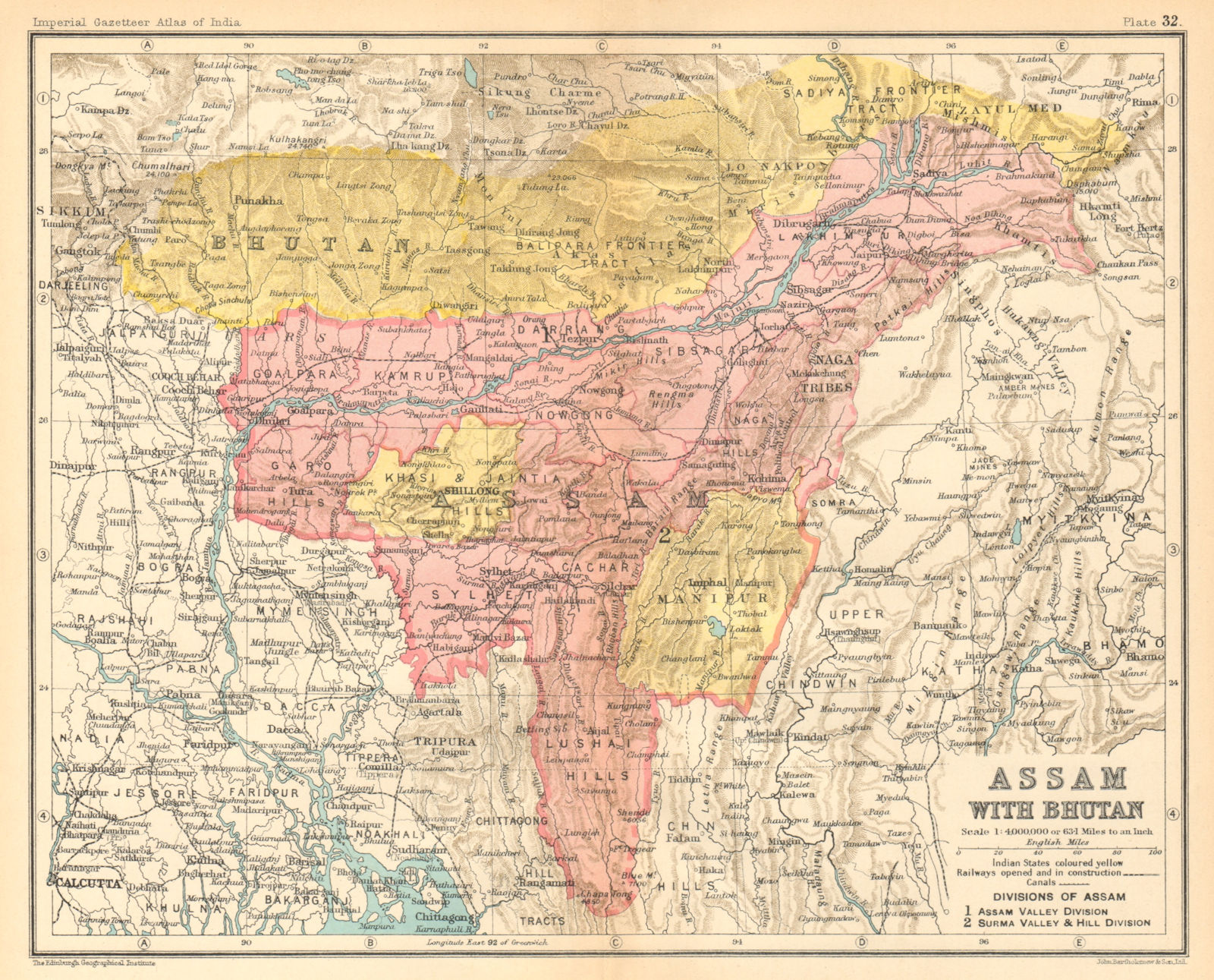'Assam with Bhutan'. North-east British India/Bangladesh provinces 1931 map