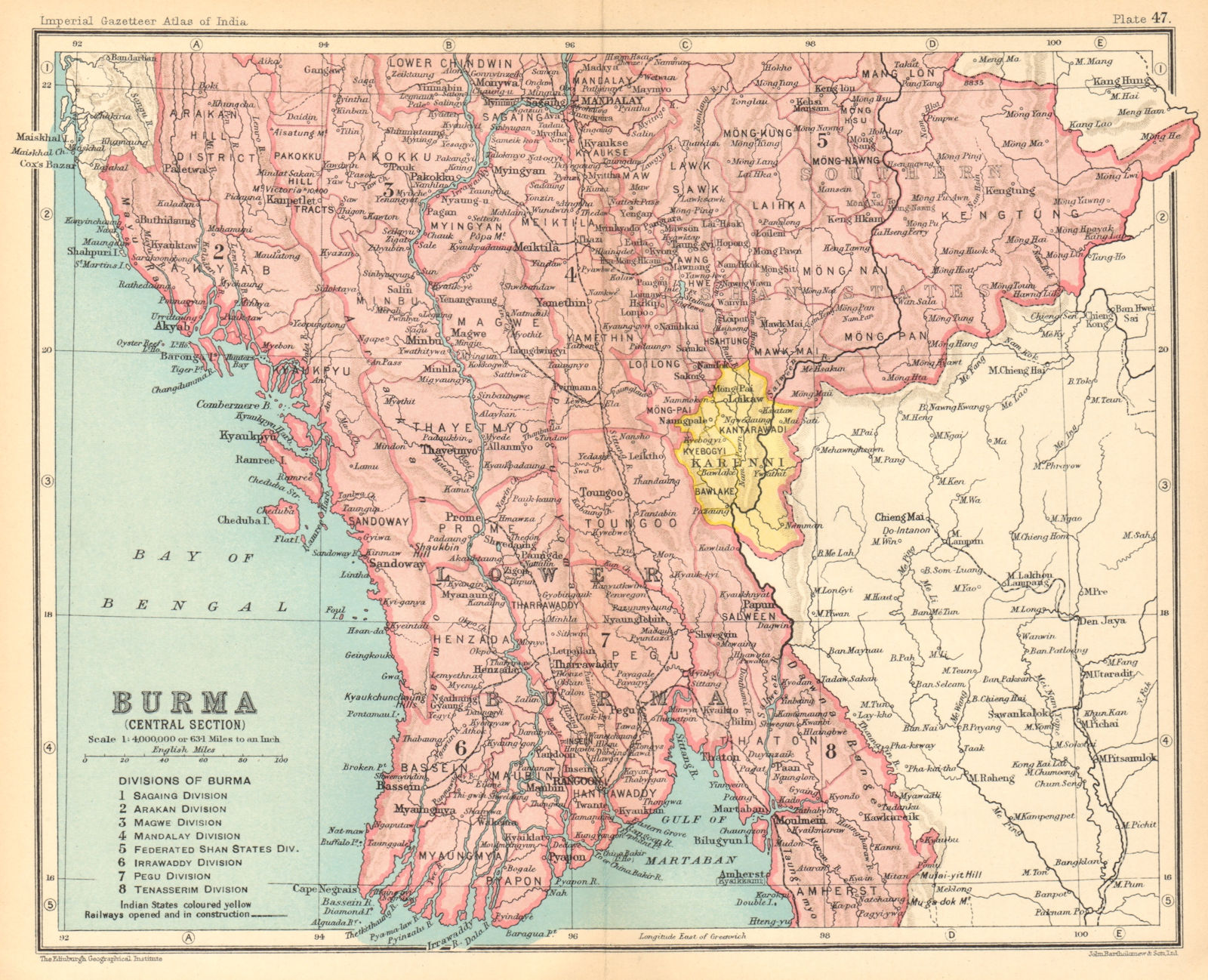 British Burma Central. Karenni states. Myanmar. Railways. Rangoon 1931 old map