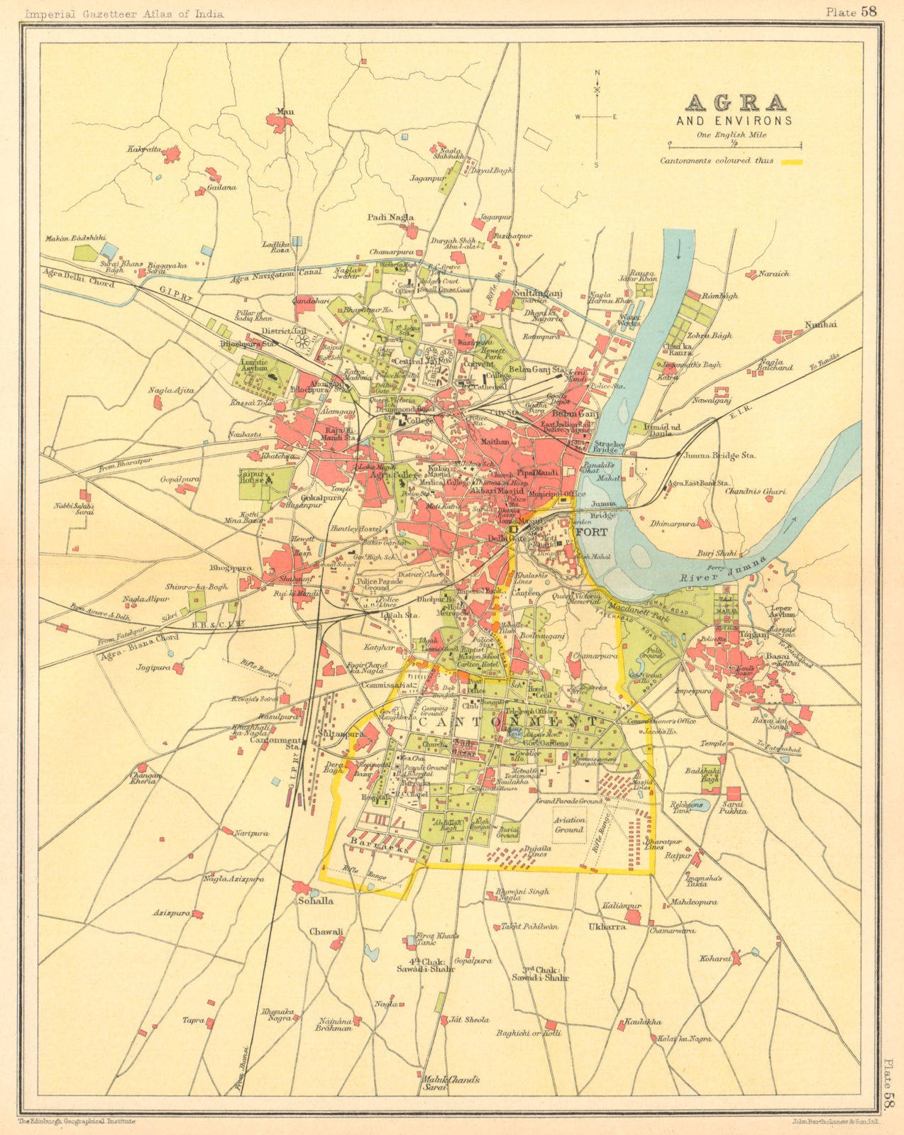 Associate Product Agra town city plan. Cantonment, Fort & Taj Mahal. British India 1931 old map