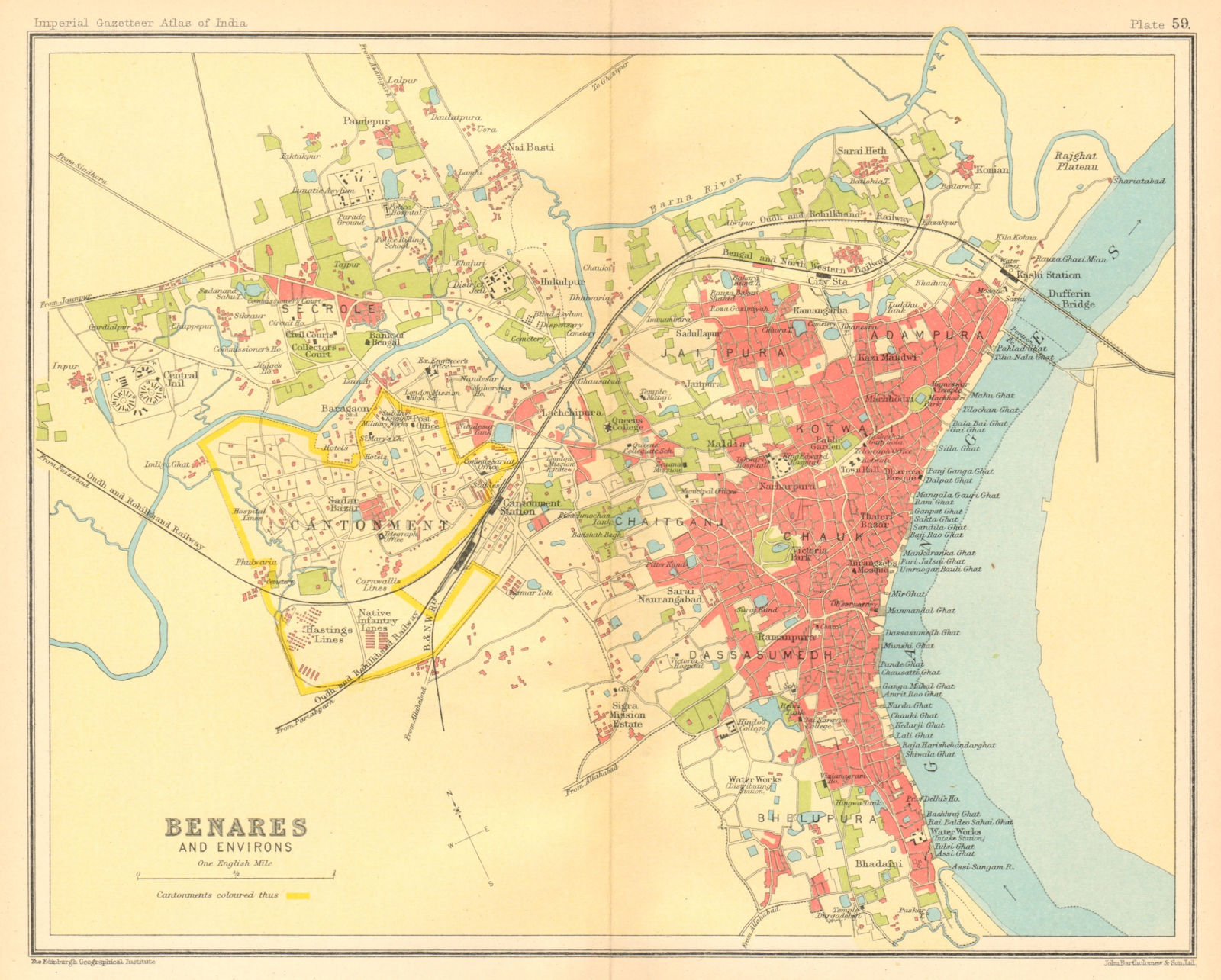 Benares/Varanasi town city plan. Ganges Ghats cantonment. British India 1931 map