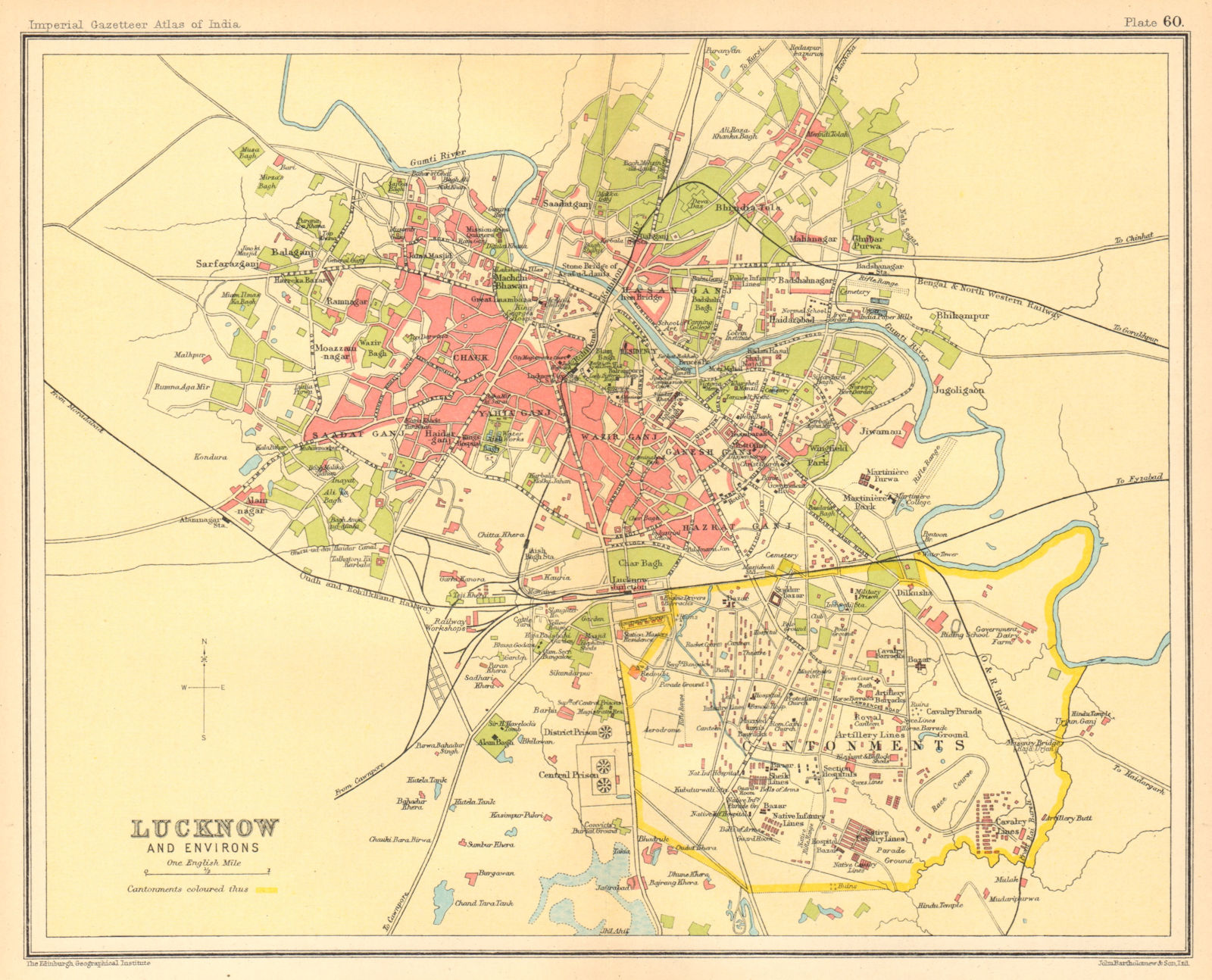 Lucknow town city plan. Cantonment & key buildings. British India 1931 old map