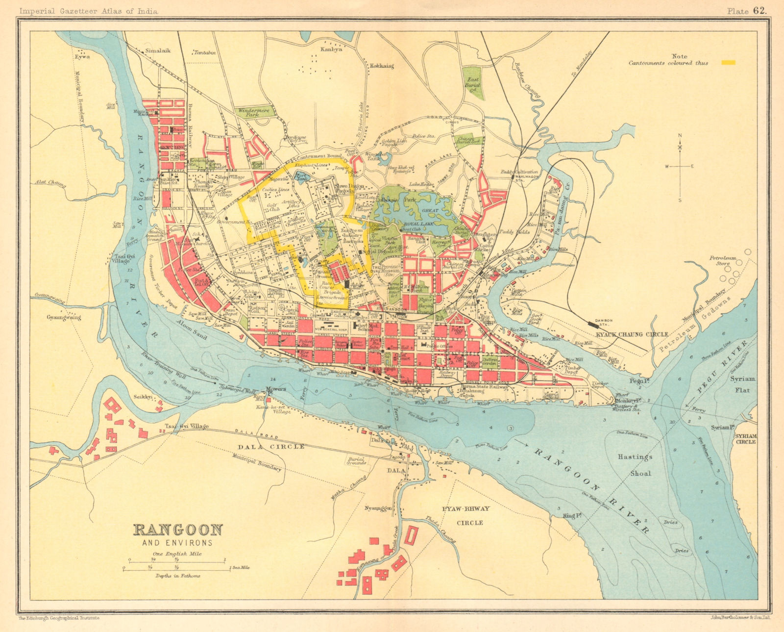 Rangoon / Yangon town city plan. Myanmar. Cantonment. British Burma 1931 map