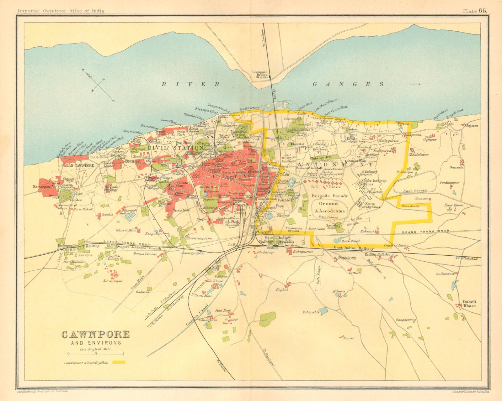 Cawnpore/Kanpur town city plan. Key buildings Cantonment. British India 1931 map