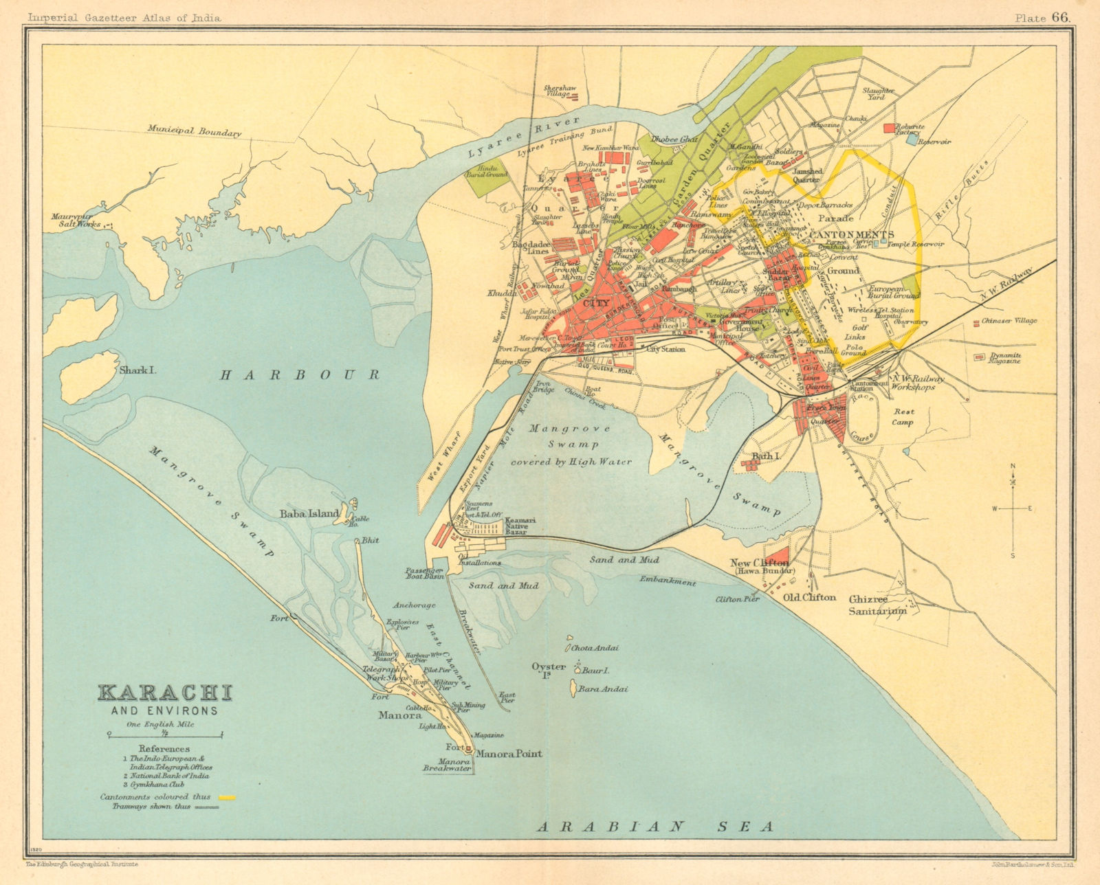 Karachi town city plan. Buildings & Cantonment. Pakistan. British India 1931 map
