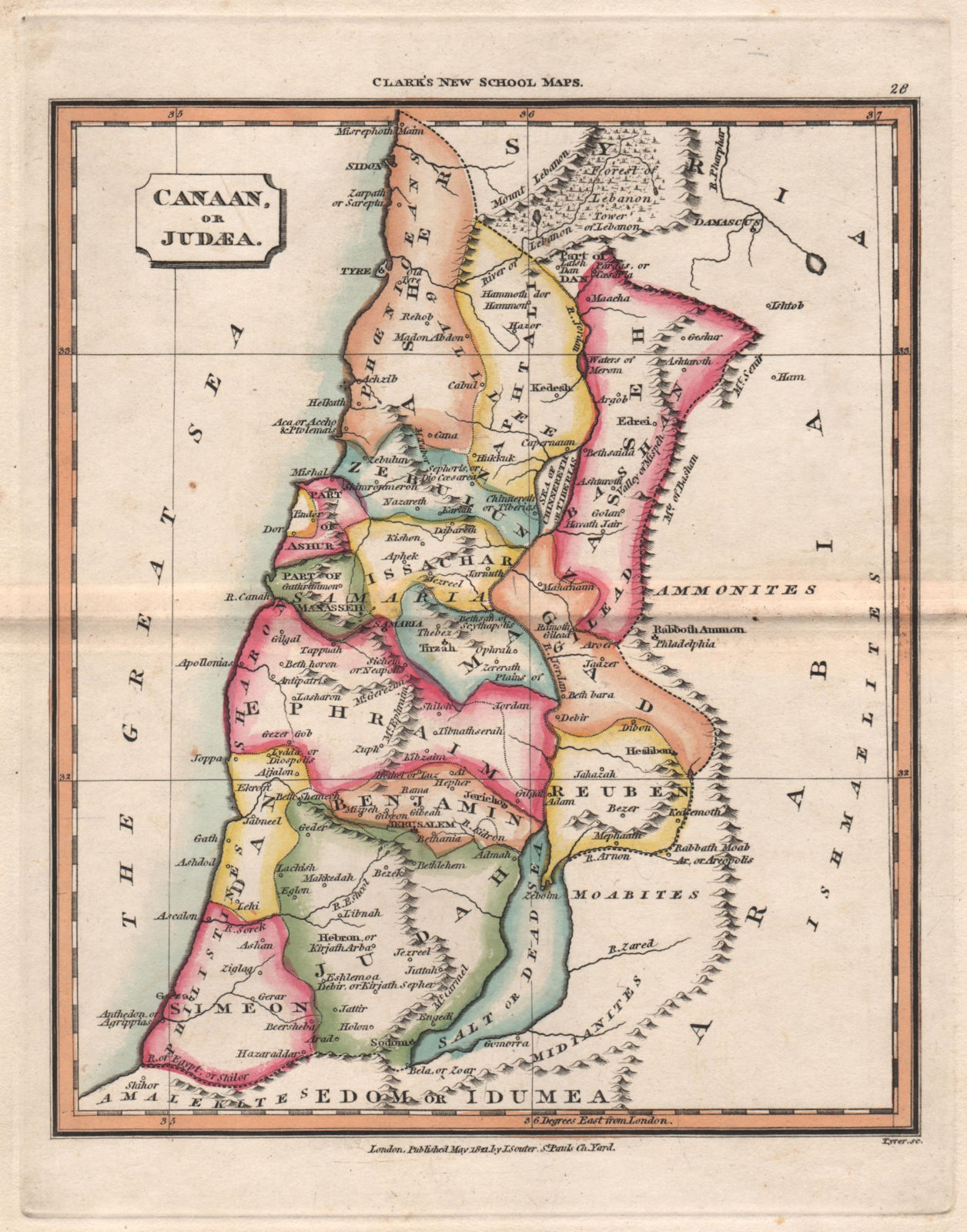 Canaan or Judaea. Tribes of Israel. Palestine Holy Land. SOUTER 1821 old map