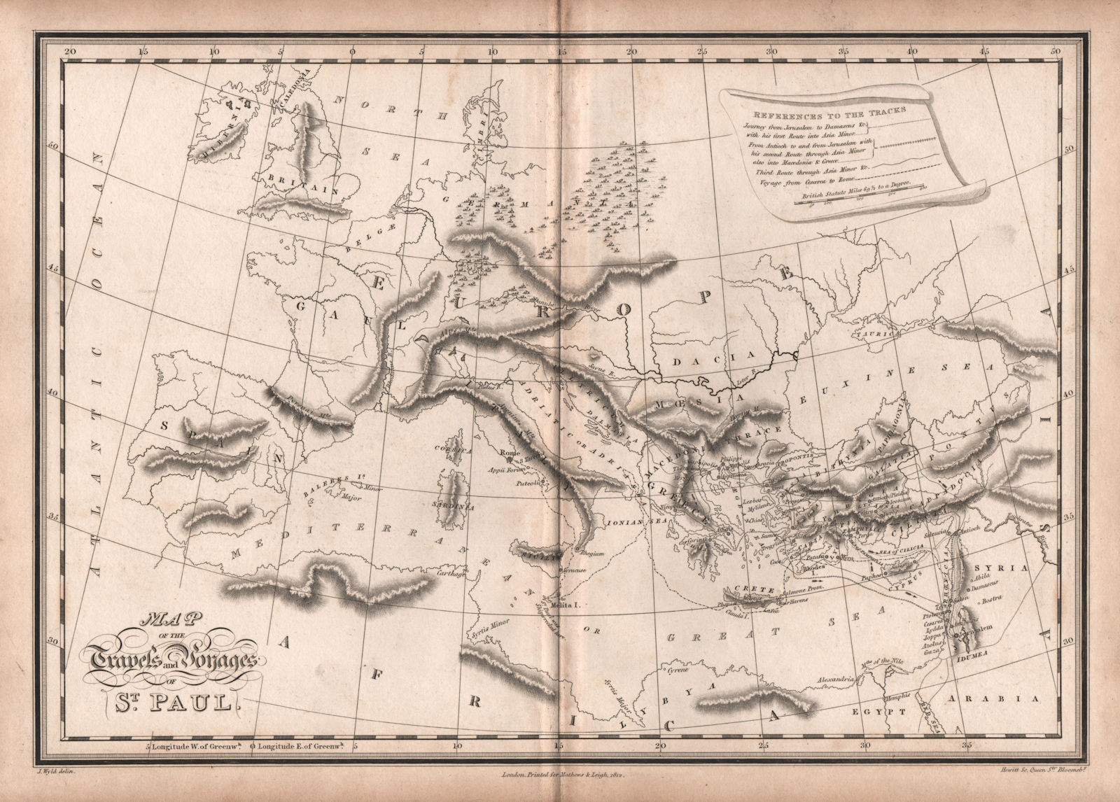 Associate Product Map of the Travels and Voyages of St. Paul. Mediterranean. WYLD 1812 old