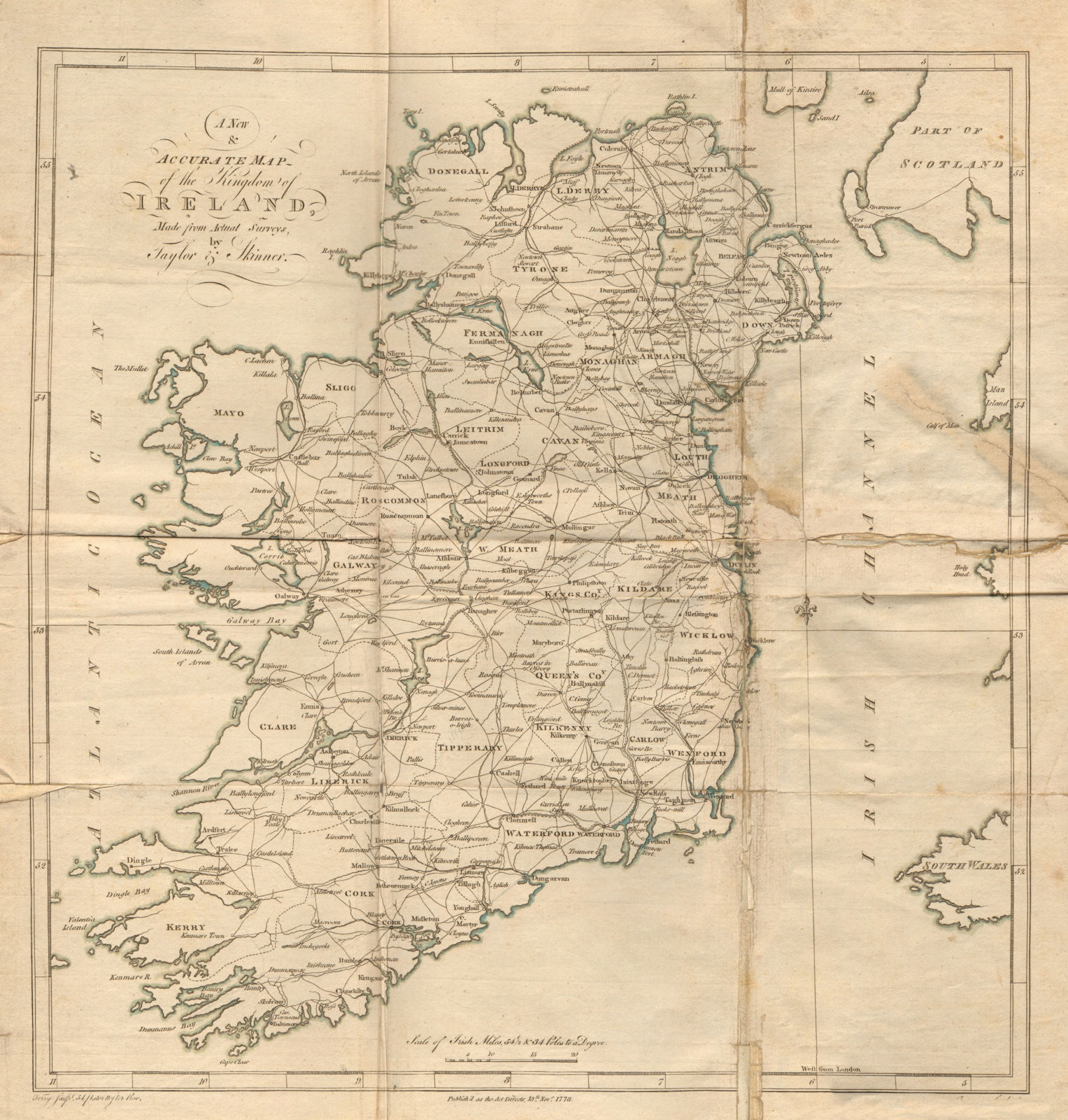 A New & Accurate Map of the Kingdom of Ireland. TAYLOR & SKINNER 1778 old