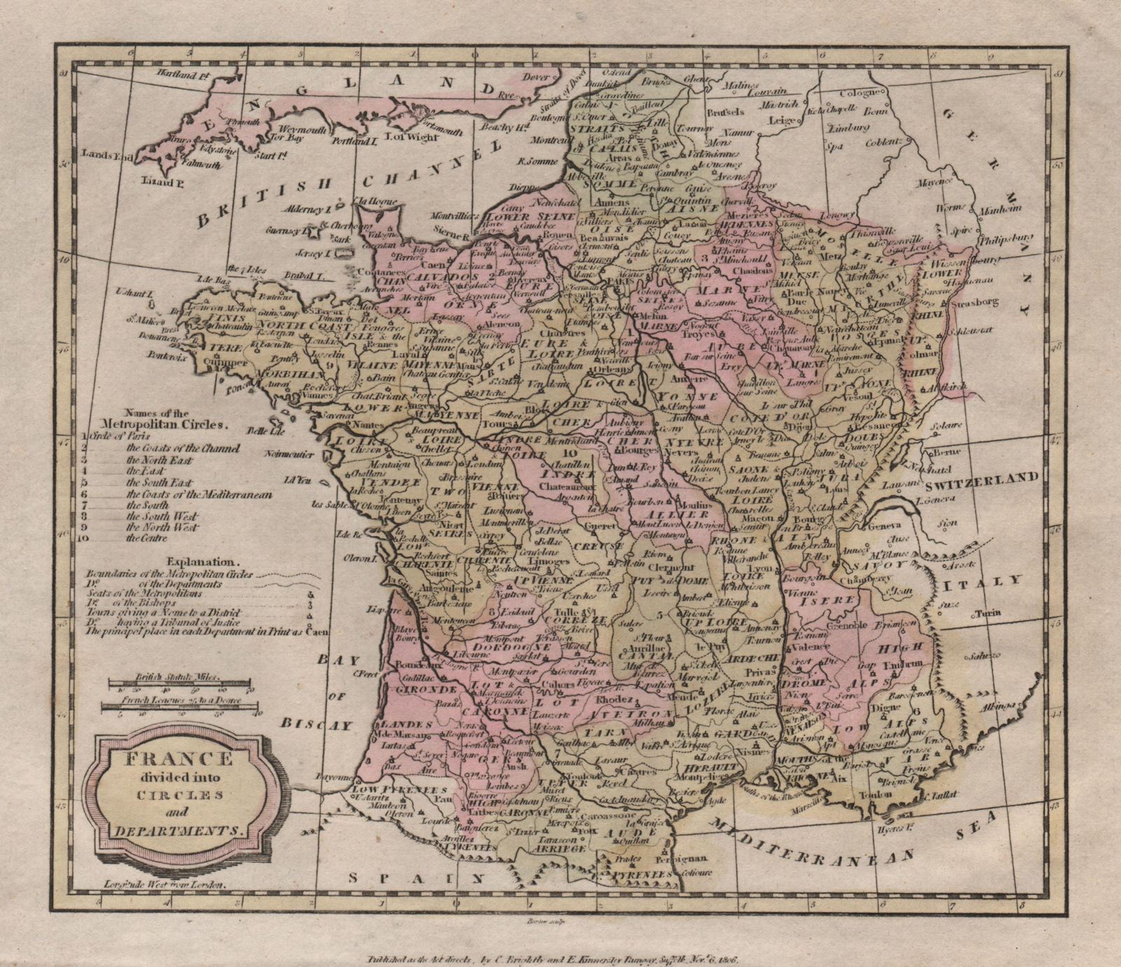 France divided into circles and departments. BARLOW 1807 old antique map chart