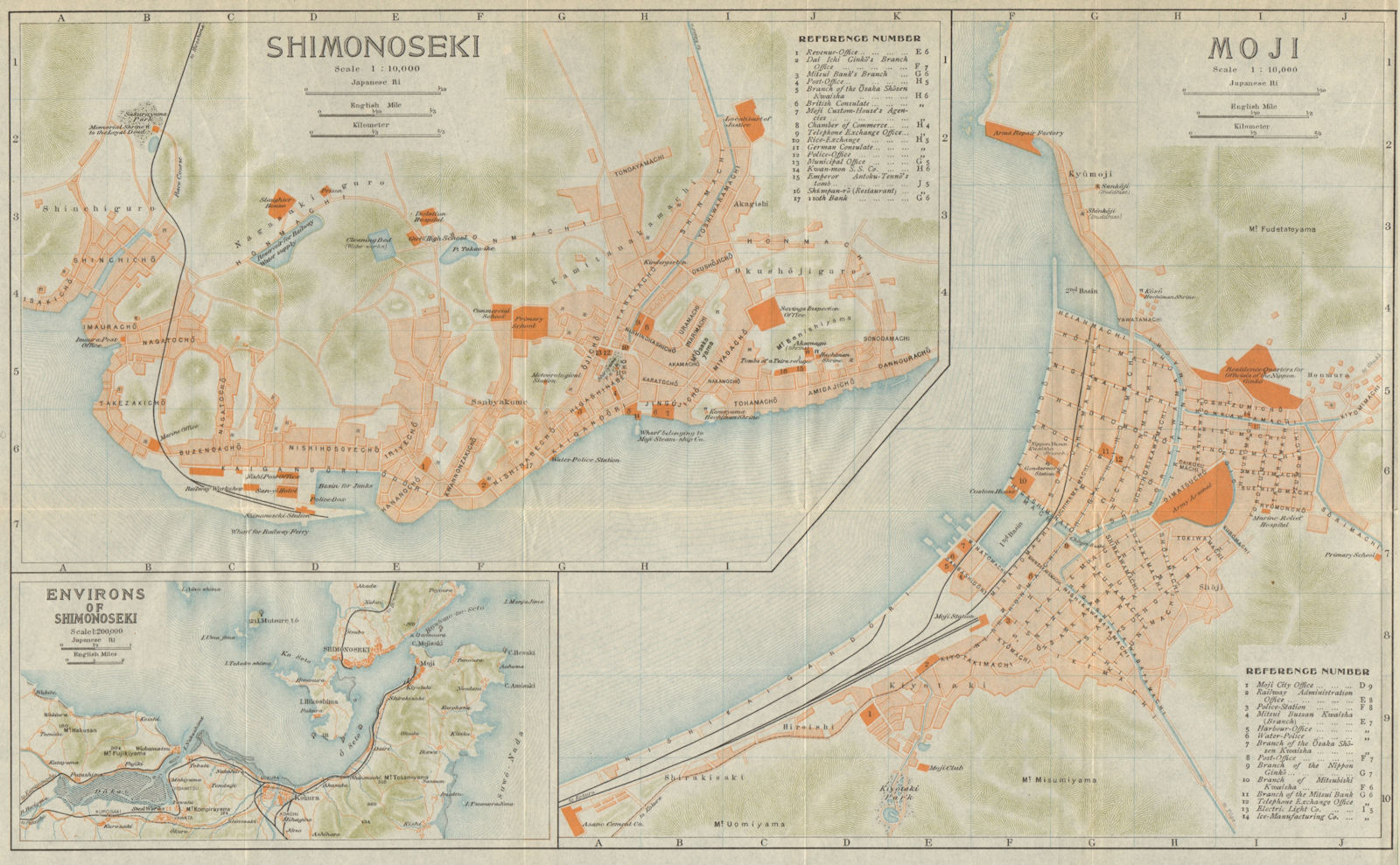 Associate Product Shimonoseki & Moji antique town city plan. Moji-ku, Kitakyushu. Japan 1914 map