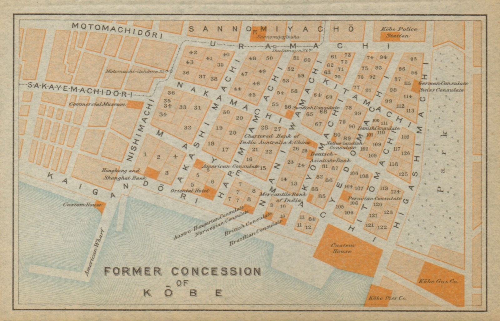 Associate Product Chuo-ku, Kobe antique city plan. "Former Concession of Kobe". Japan 1914 map