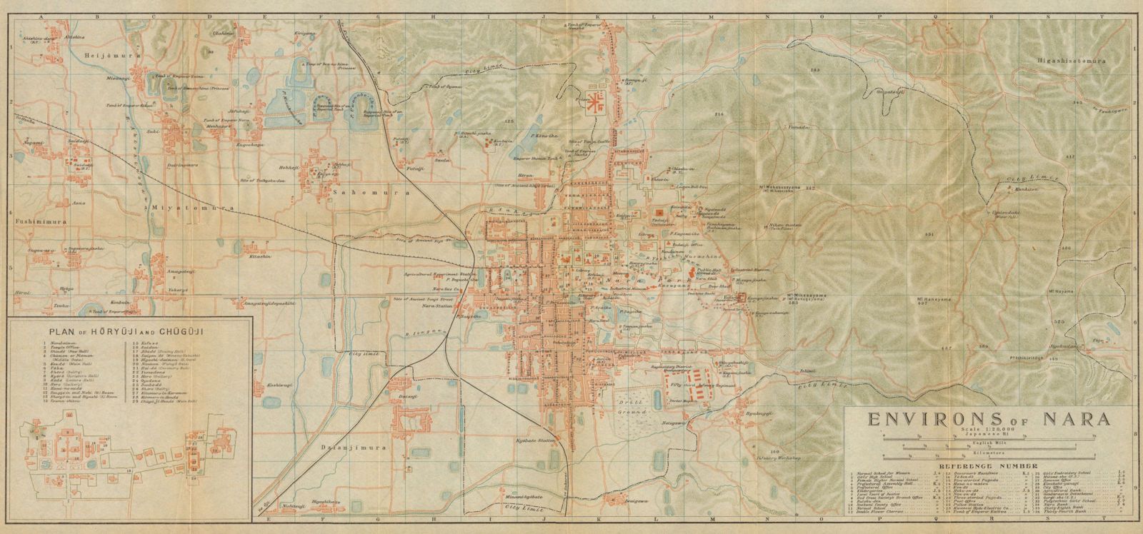 Associate Product Nara & environs antique city plan. Kansai. Horyu-ji & Chugu-ji. Japan 1914 map