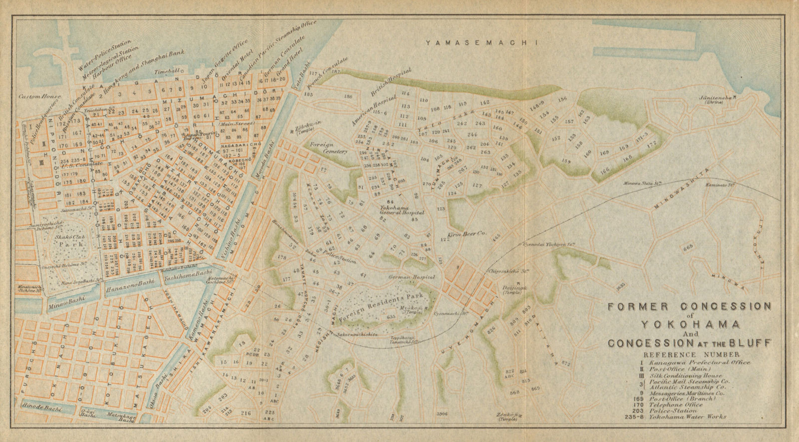 Kannai & Yamate plan, Naka-ku. "Former Concession of Yokohama". Japan 1914 map