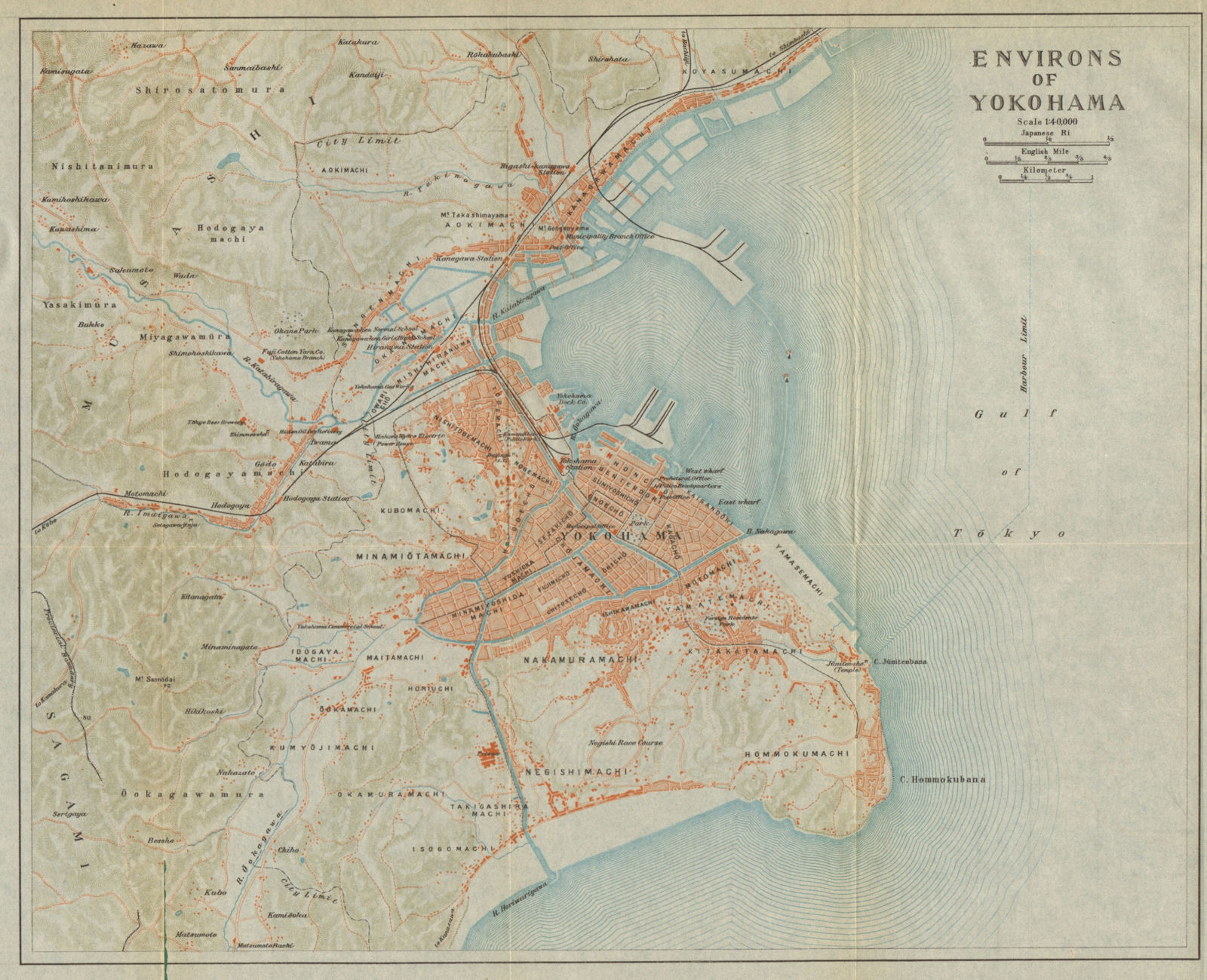 Associate Product Yokohama & environs antique town city plan. Japan 1914 old map chart