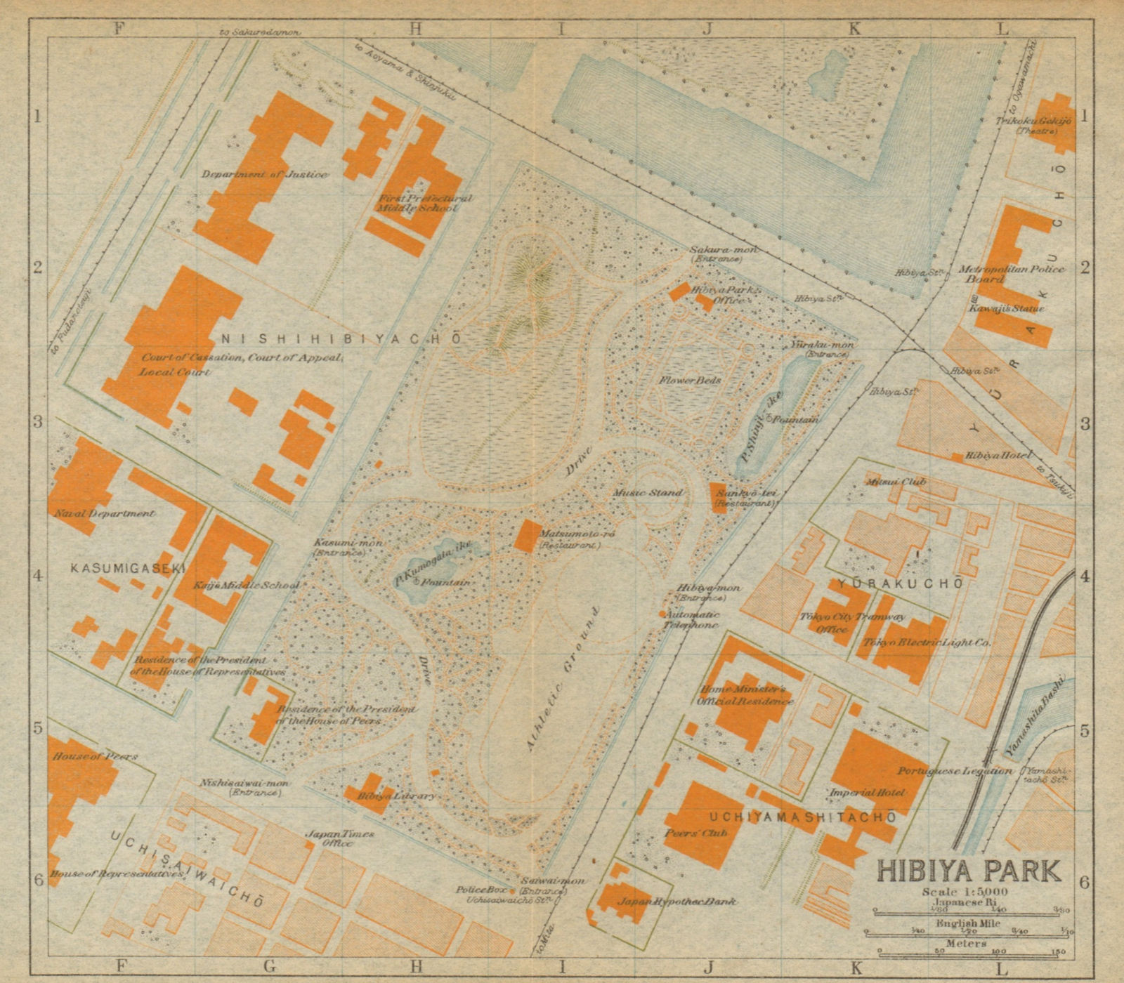 Associate Product Hibiya Park antique town city plan. Chiyoda City, Tokyo, Japan 1914 old map