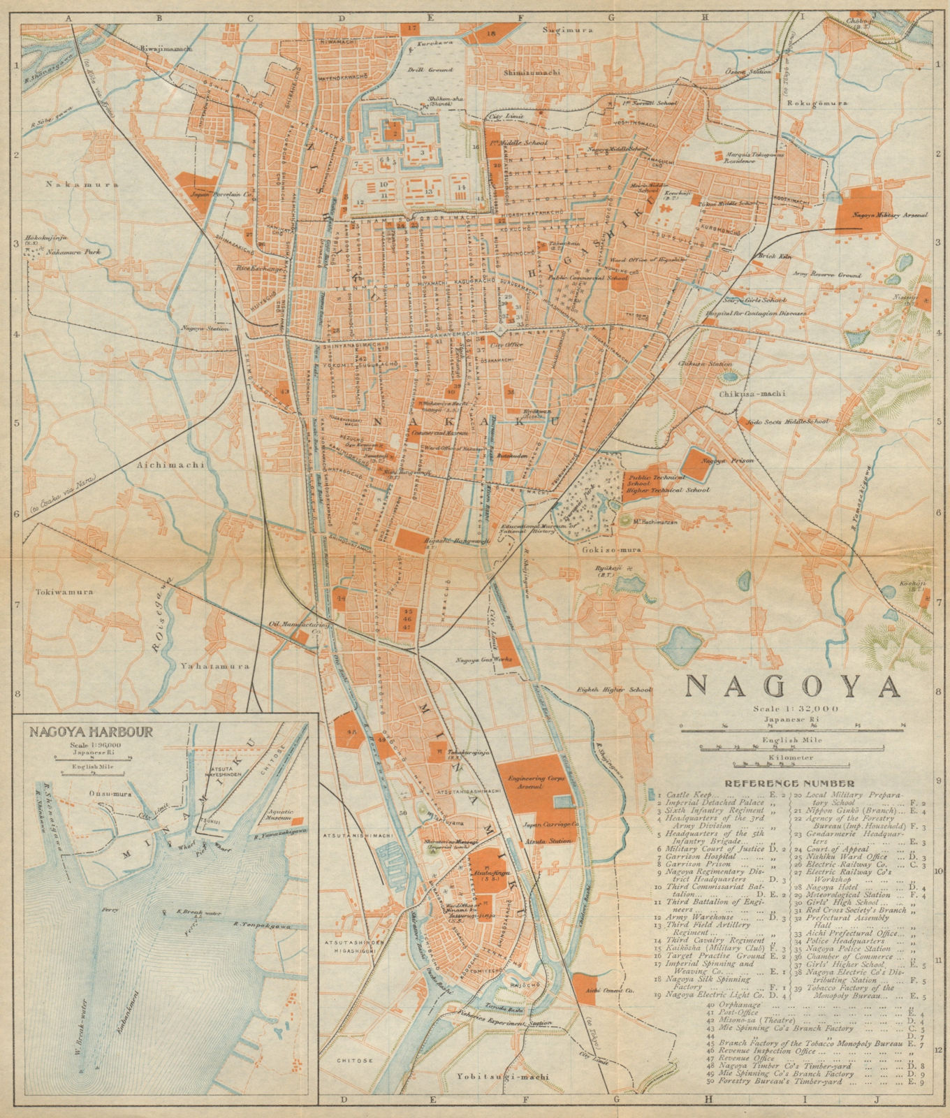 Nagoya antique town city plan. Japan 1914 old vintage map chart
