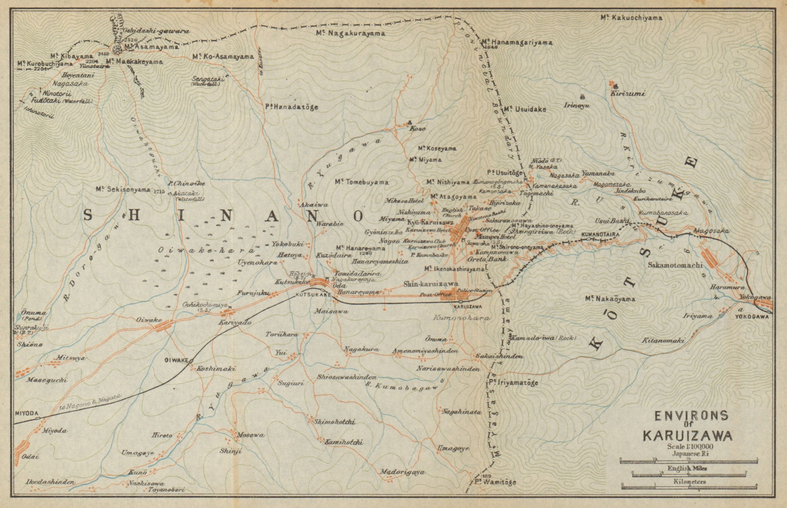 Karuizawa & environs. Mount Asama. Japan 1914 old antique map plan chart