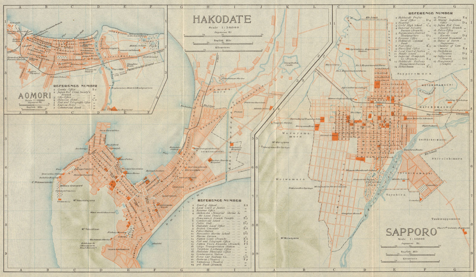 Associate Product Aomori, Hakodate & Sapporo antique city plans. Honshu/Hokkaido. Japan 1914 map