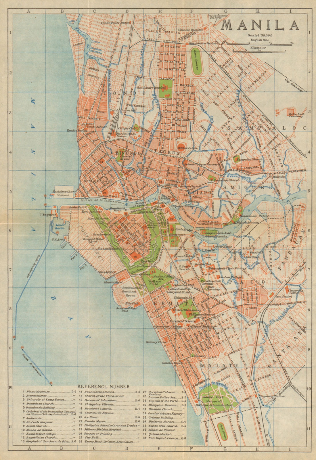 Manila antique town city plan. Philippines 1920 old map chart