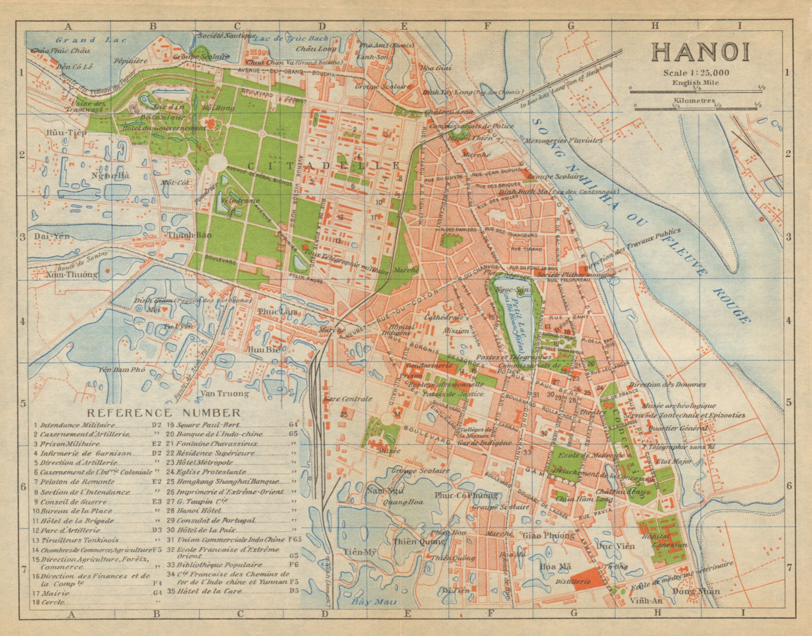 Hanoi antique town city plan. Vietnam 1920 old vintage map chart