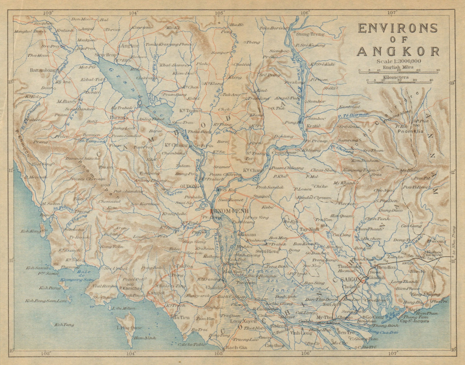 Cambodia & Southern Vietnam. "Environs of Angkor" 1920 old vintage map chart