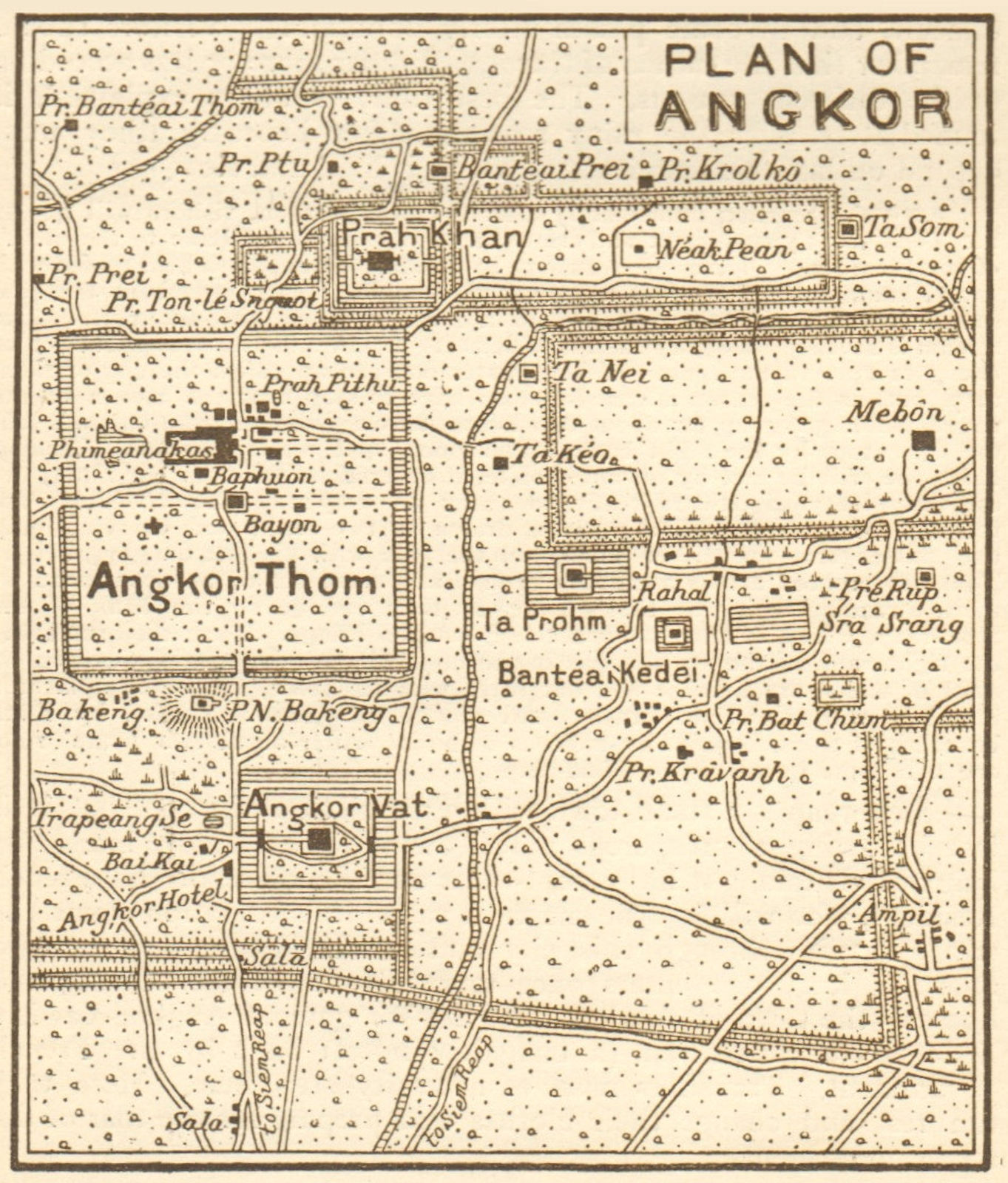 Angkor Wat & Angkor Thum sketch plan. Cambodia 1920 old vintage map chart