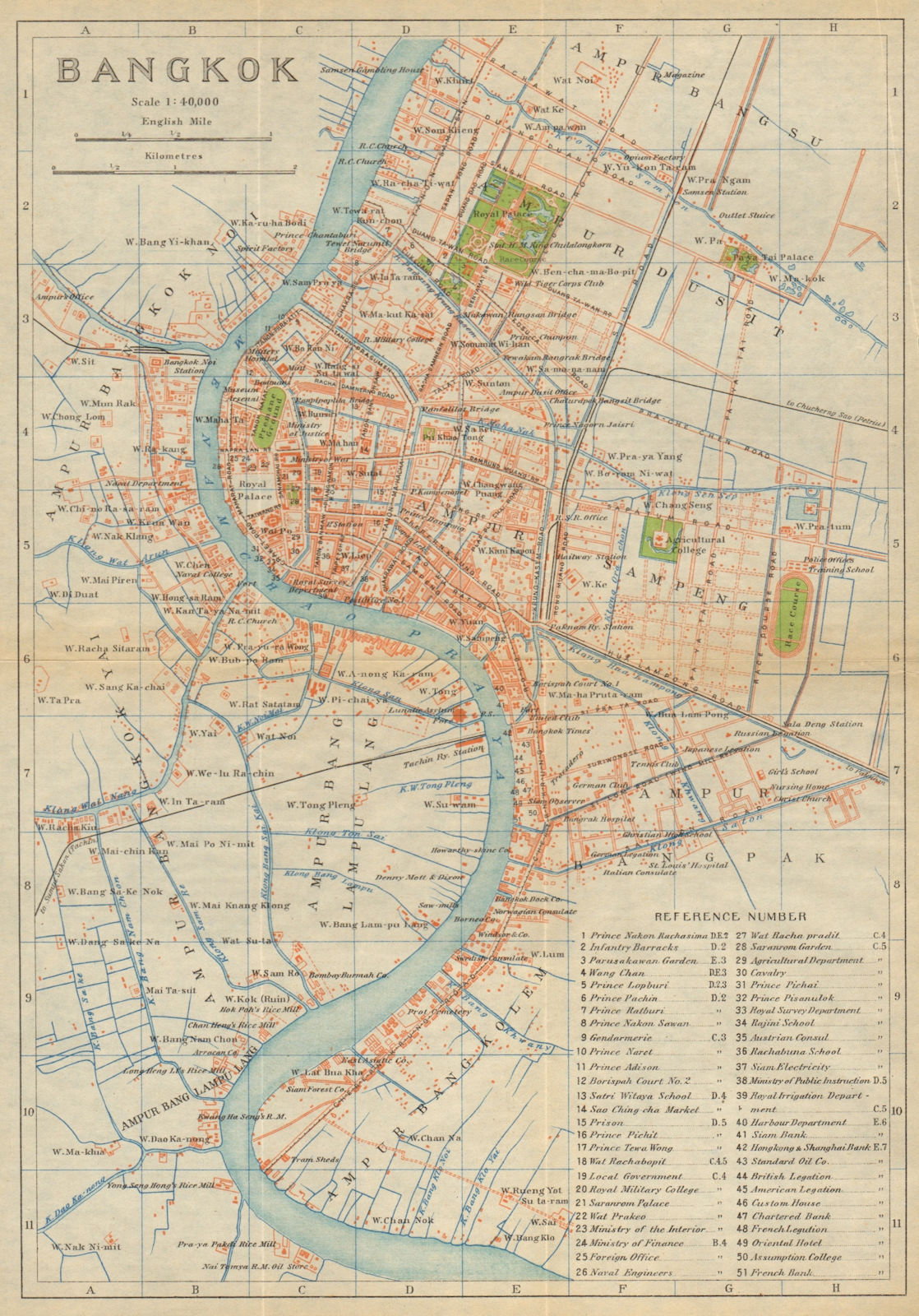 Bangkok antique town city plan. Thailand 1920 old map chart