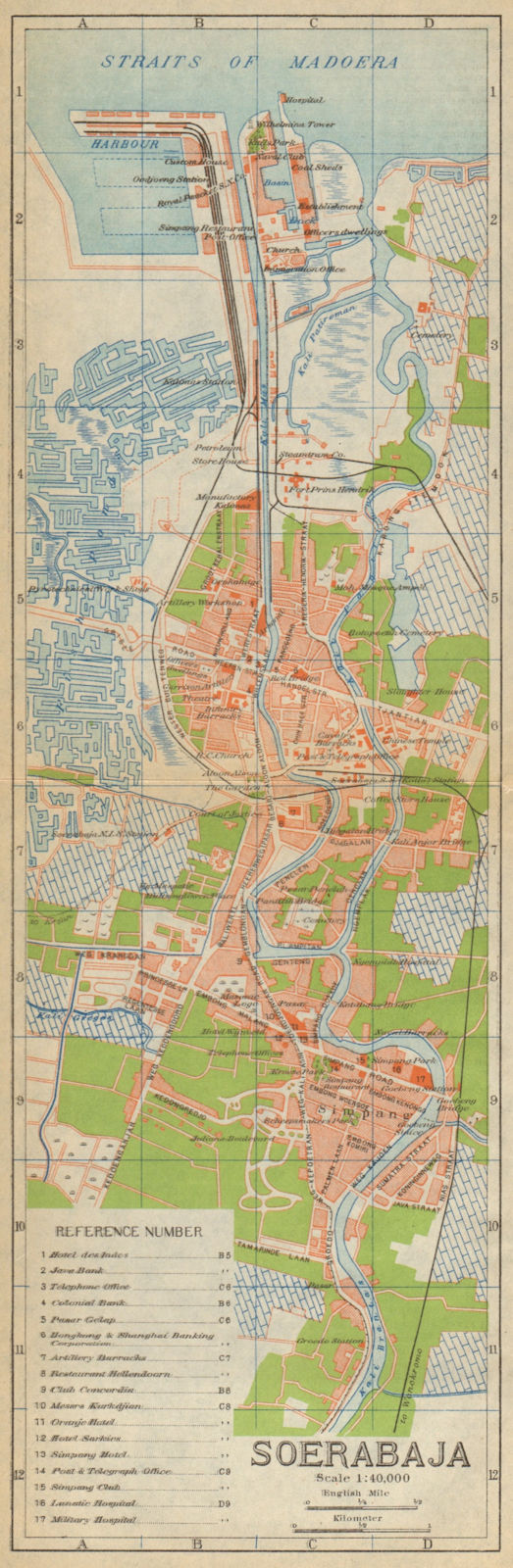 Surabaya antique town city plan. "Soerabaja". East Java, Indonesia 1920 map