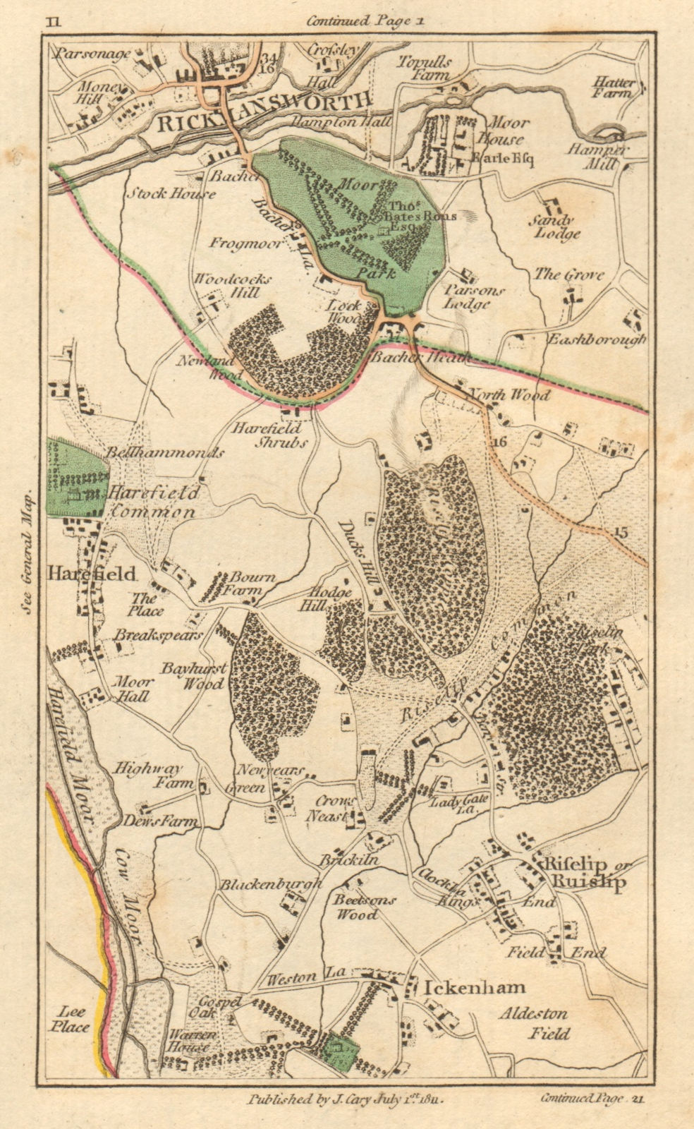 RUISLIP. Rickmansworth,Harefield,Ickenham,Northwood,Denham,Northolt 1811 map