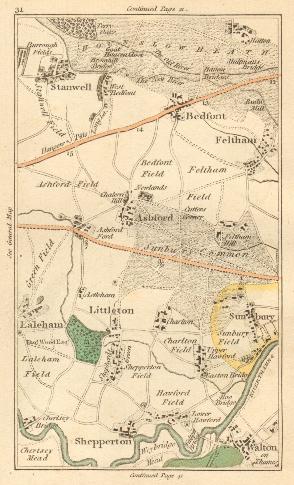 WALTON-ON-THAMES.Feltham,Sunbury,Shepperton,Staines,Chertsey,Heathrow 1811 map