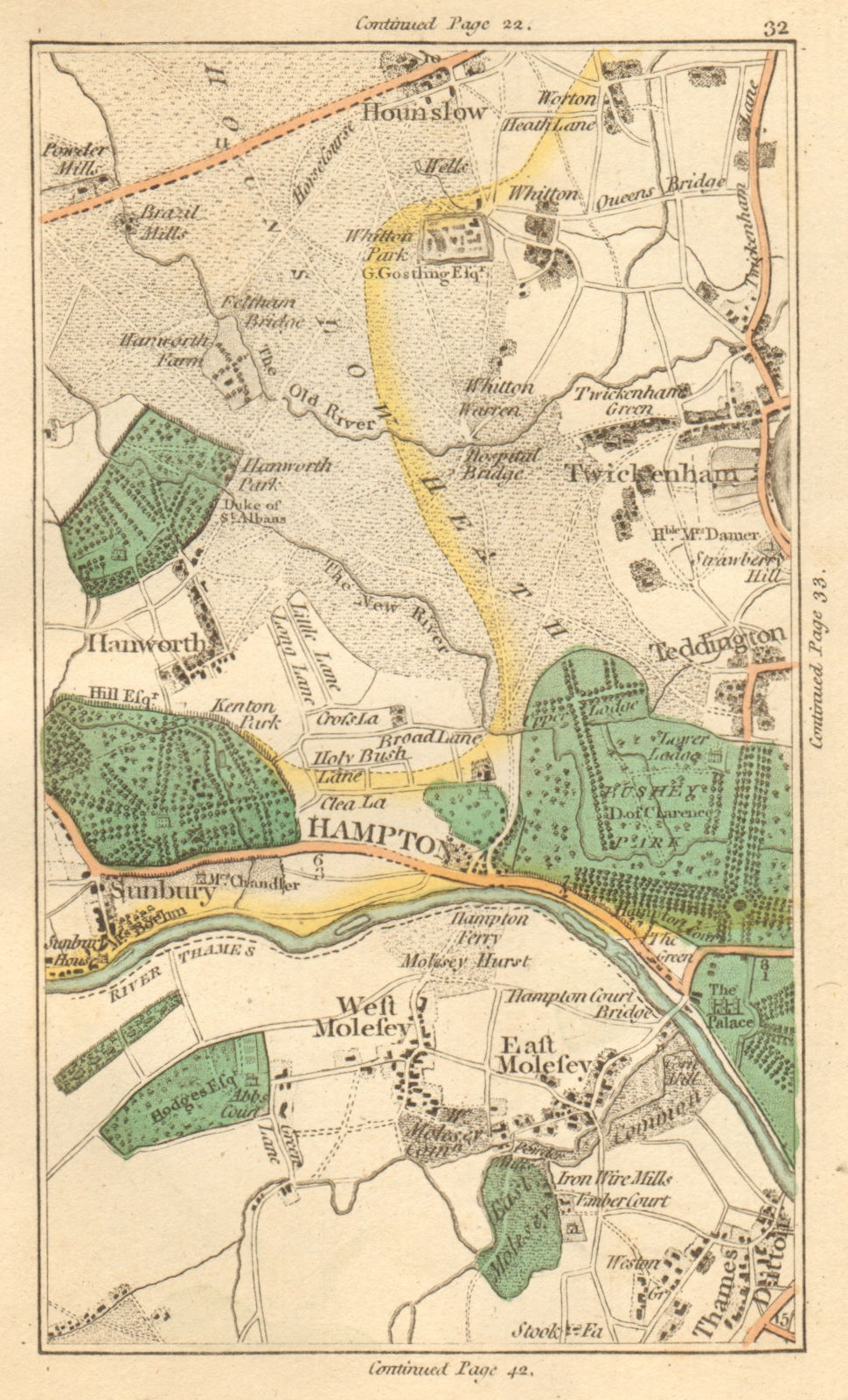 HOUNSLOW.Twickenham,Teddington,Hanworth,Hampton,Molesey,Thames Ditton 1811 map