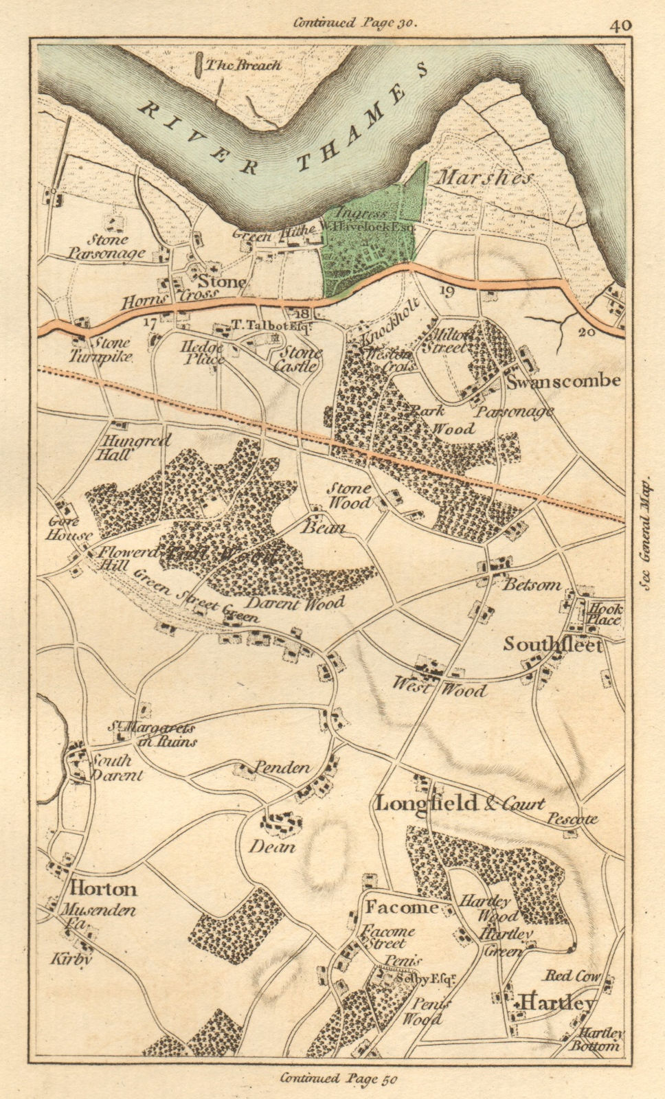 SWANSCOMBE.Southfleet,Horton Kirkby,Darenth,Ebbsfleet,Hartley 1811 old map