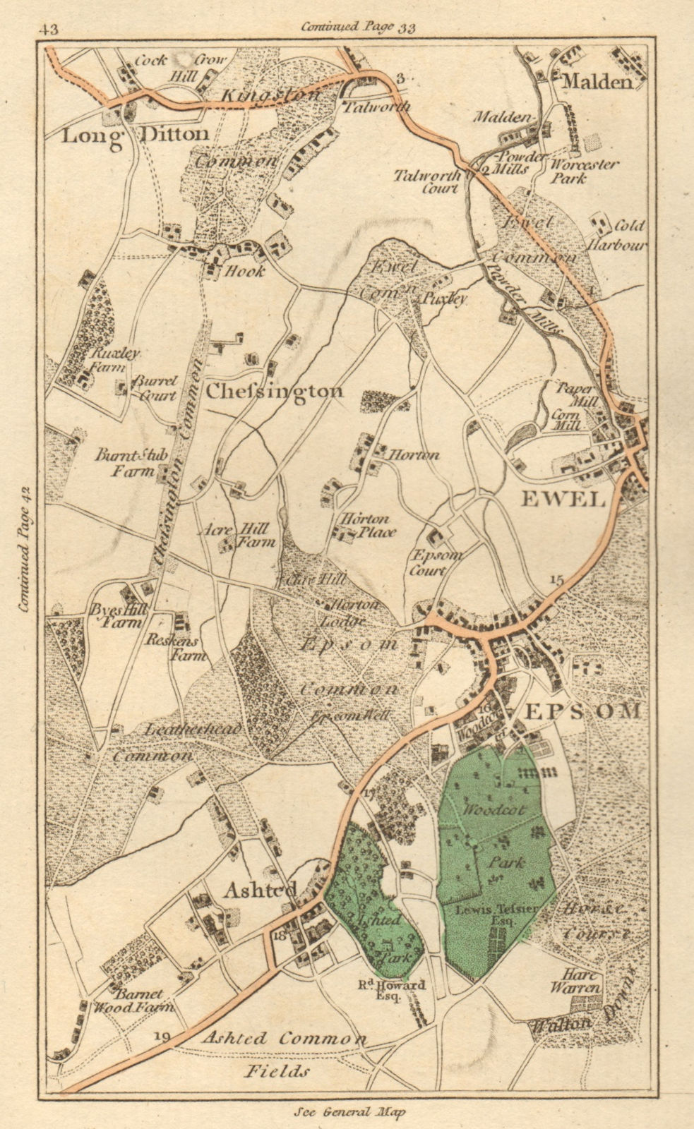 Associate Product EPSOM. Malden,Ewell,Ashtead,Long Ditton,Chessington,Surbiton,Kingston 1811 map