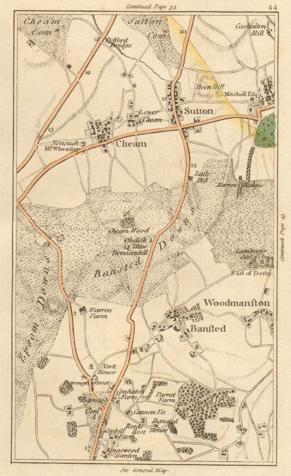 SUTTON. Carshalton, Cheam, Woodmansterne, Banstead, Chipstead, Ewell 1811 map