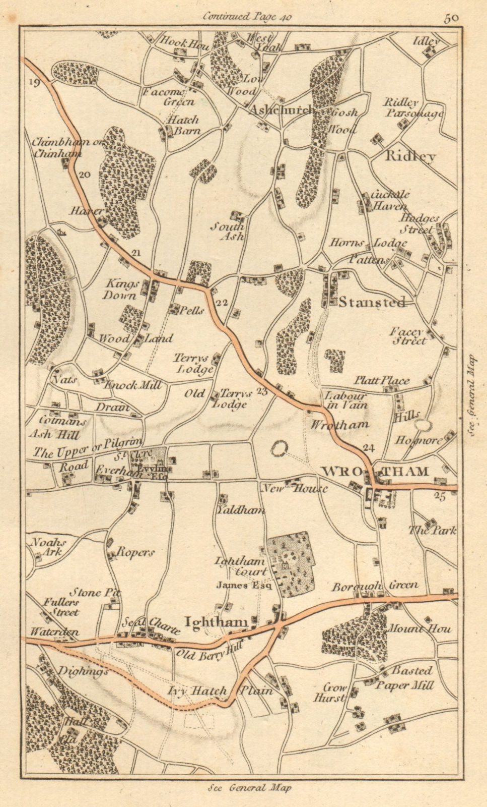 KENT. Ashchurch, Wrotham, Stansted, Ridley, Ightham, Kingsdown 1811 old map